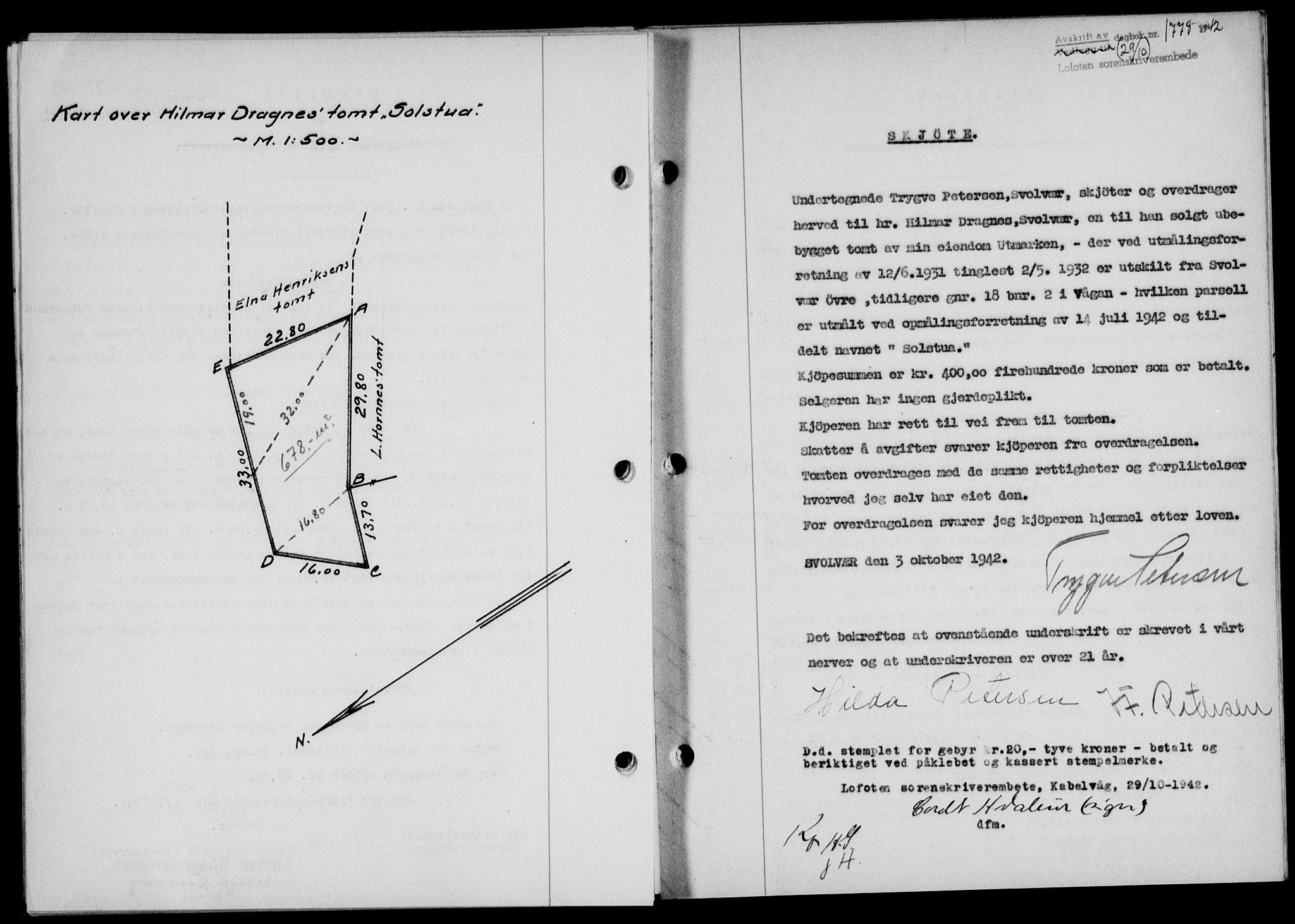 Lofoten sorenskriveri, SAT/A-0017/1/2/2C/L0010a: Mortgage book no. 10a, 1942-1943, Diary no: : 1779/1942
