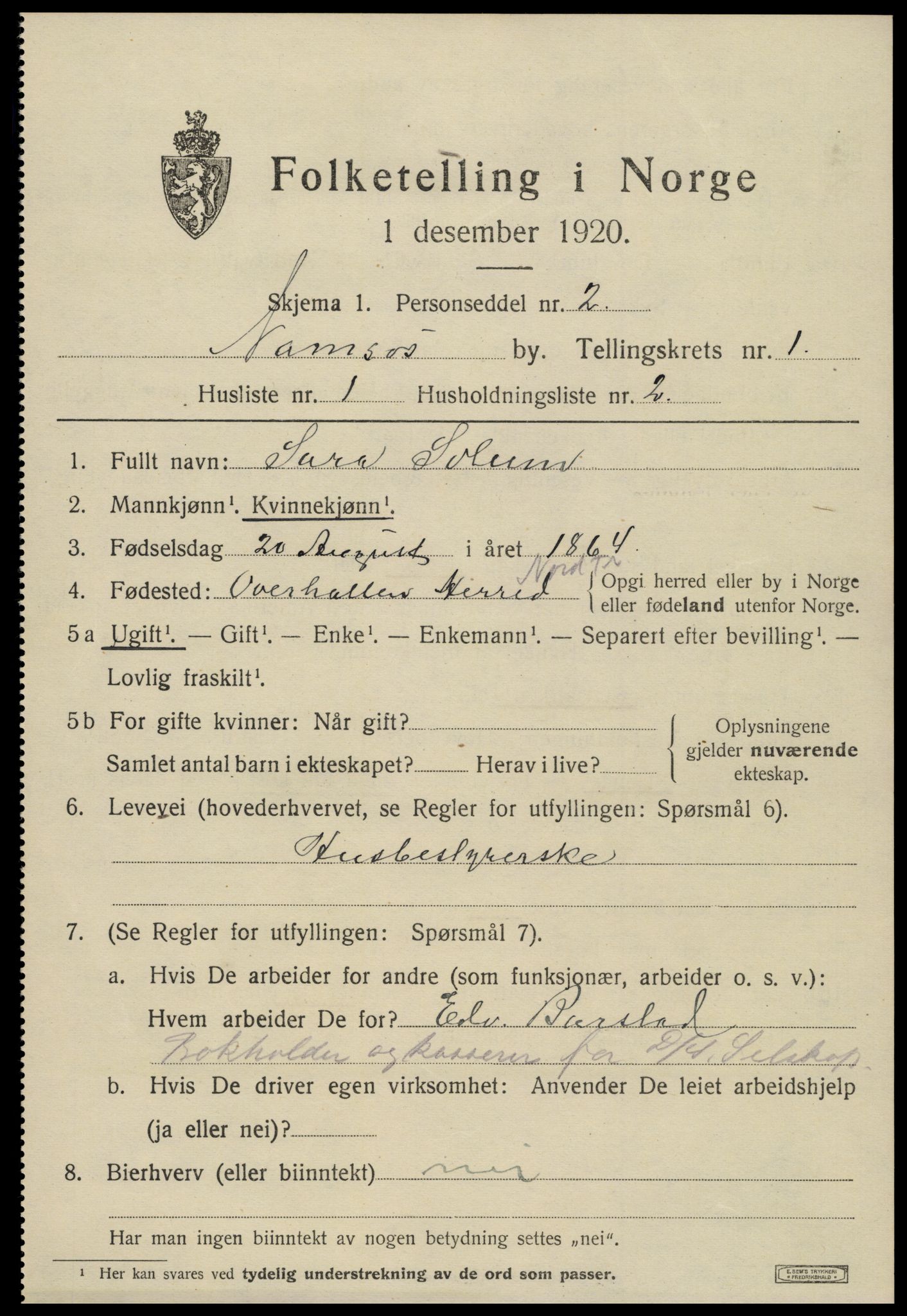 SAT, 1920 census for Namsos, 1920, p. 2029