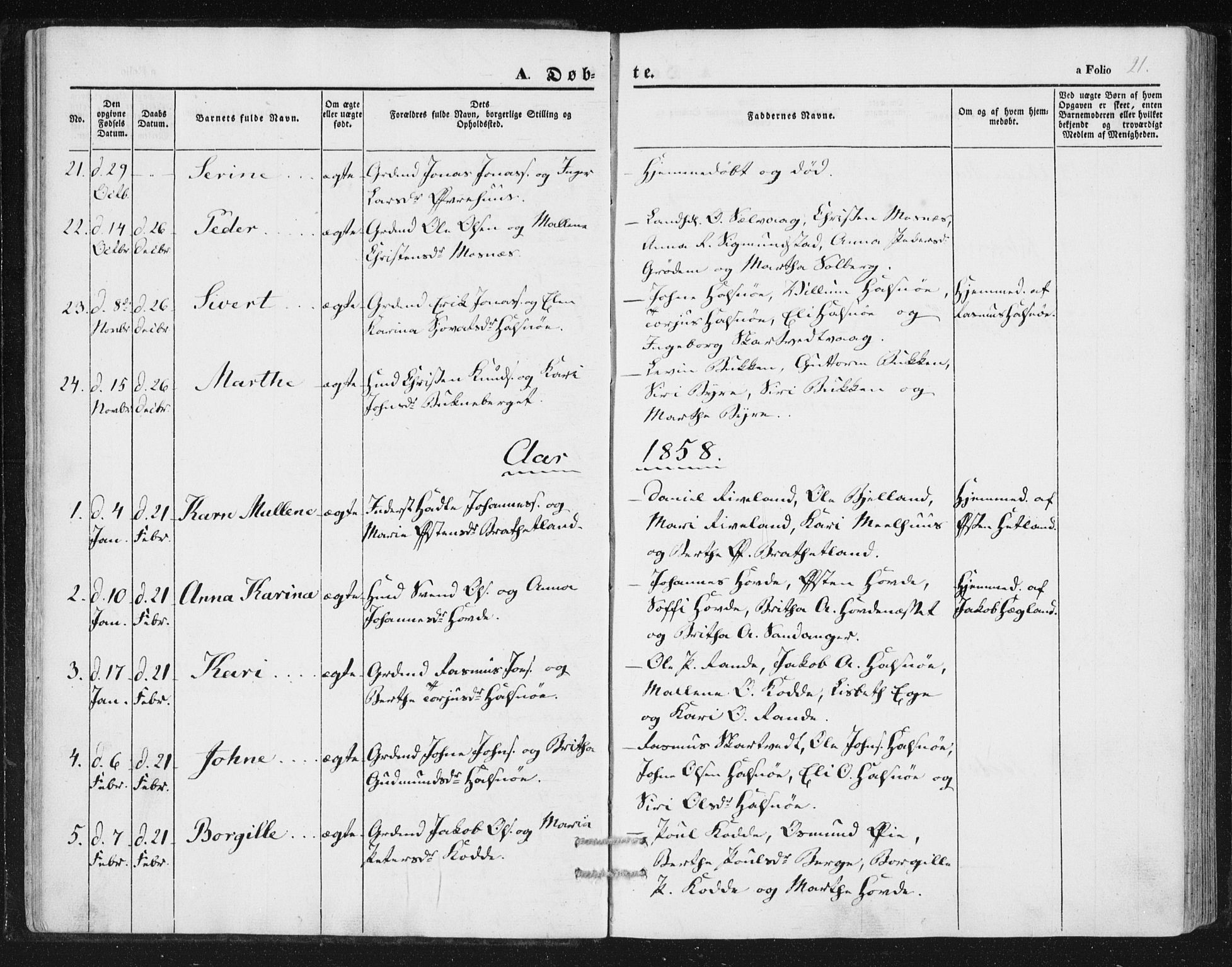 Hjelmeland sokneprestkontor, SAST/A-101843/01/IV/L0010: Parish register (official) no. A 10, 1851-1871, p. 21