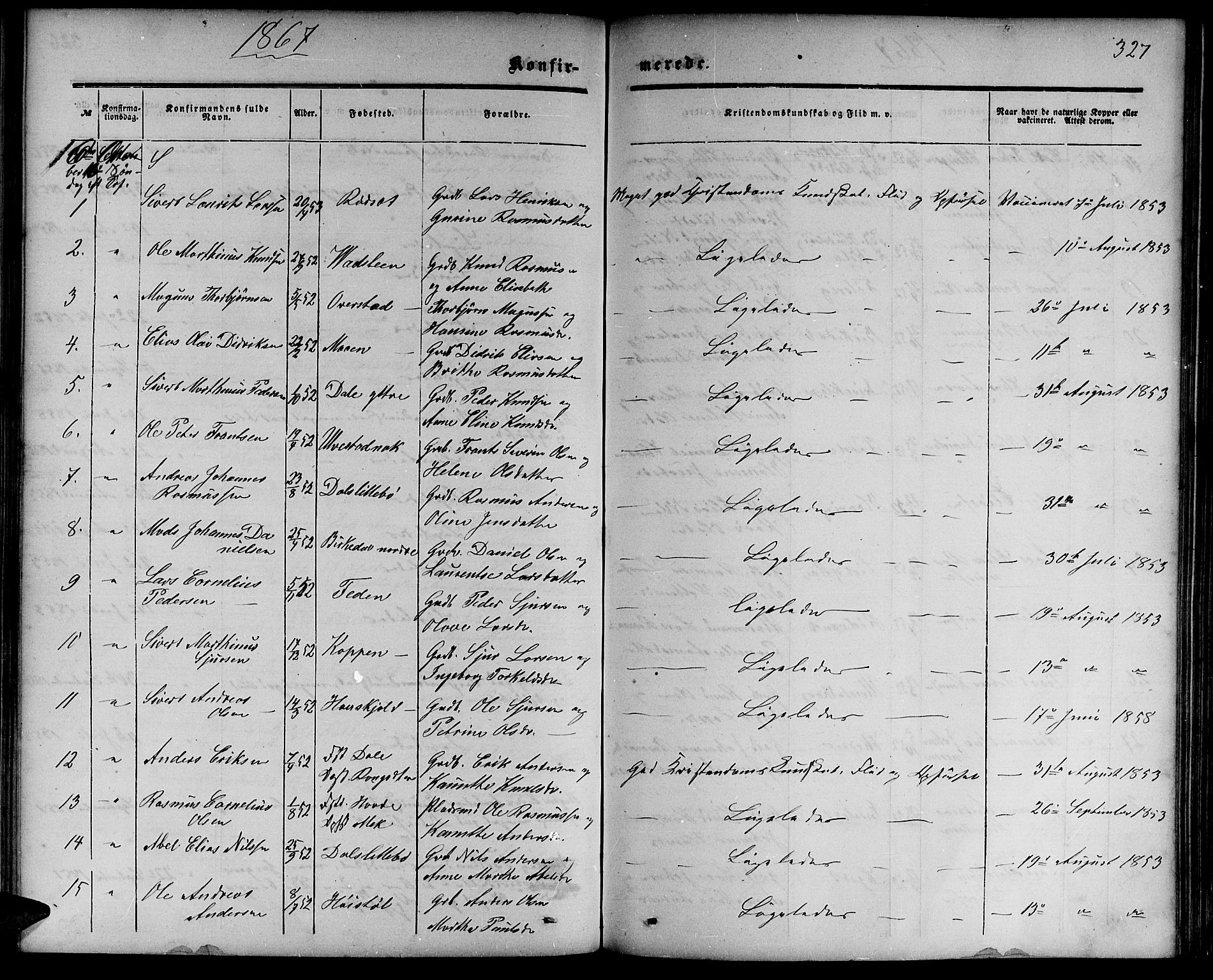 Ministerialprotokoller, klokkerbøker og fødselsregistre - Møre og Romsdal, SAT/A-1454/511/L0157: Parish register (copy) no. 511C03, 1864-1884, p. 327