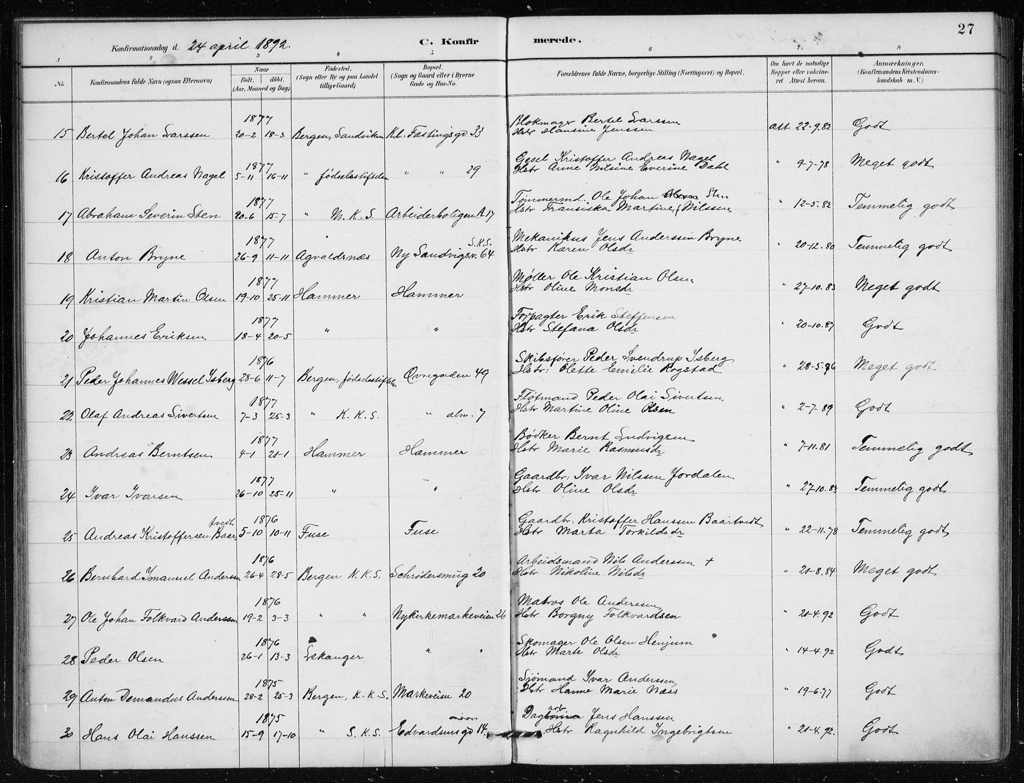 Mariakirken Sokneprestembete, AV/SAB-A-76901/H/Haa/L0013: Parish register (official) no. C 1, 1889-1900, p. 27