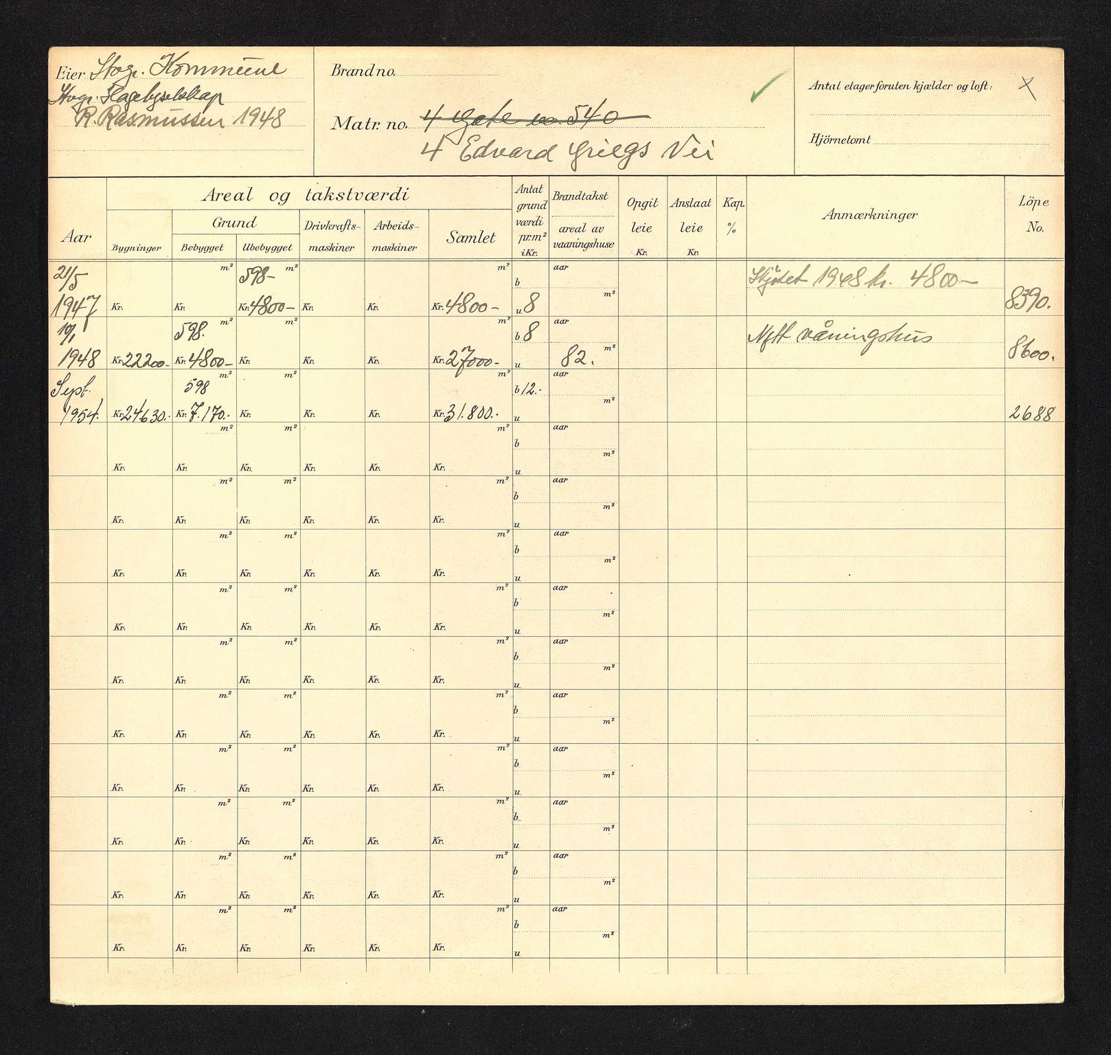 Stavanger kommune. Skattetakstvesenet, BYST/A-0440/F/Fa/Faa/L0010/0005: Skattetakstkort / Edvard Griegs vei 2 - 54