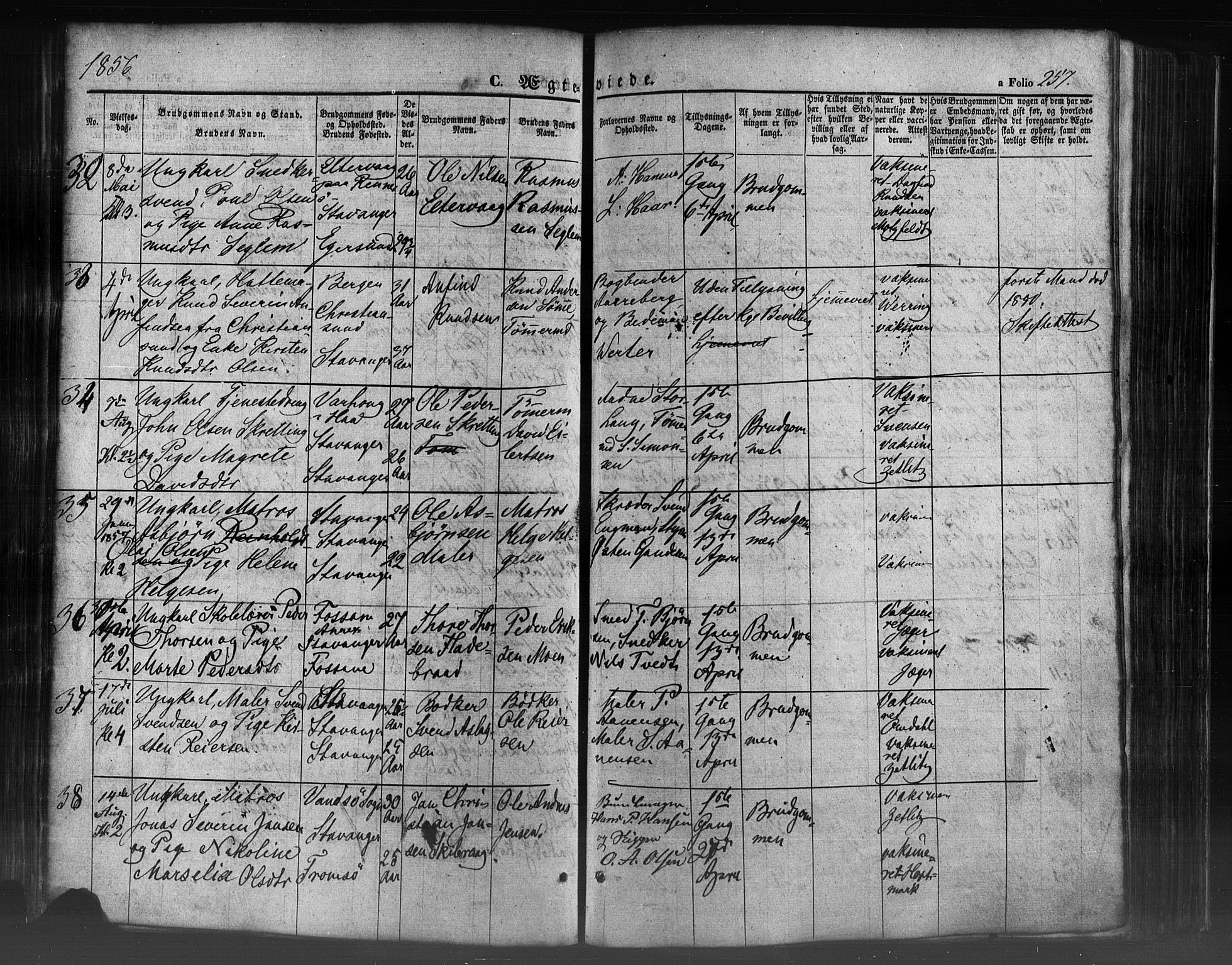 Domkirken sokneprestkontor, SAST/A-101812/001/30/30BB/L0009: Parish register (copy) no. B 9, 1850-1858, p. 257