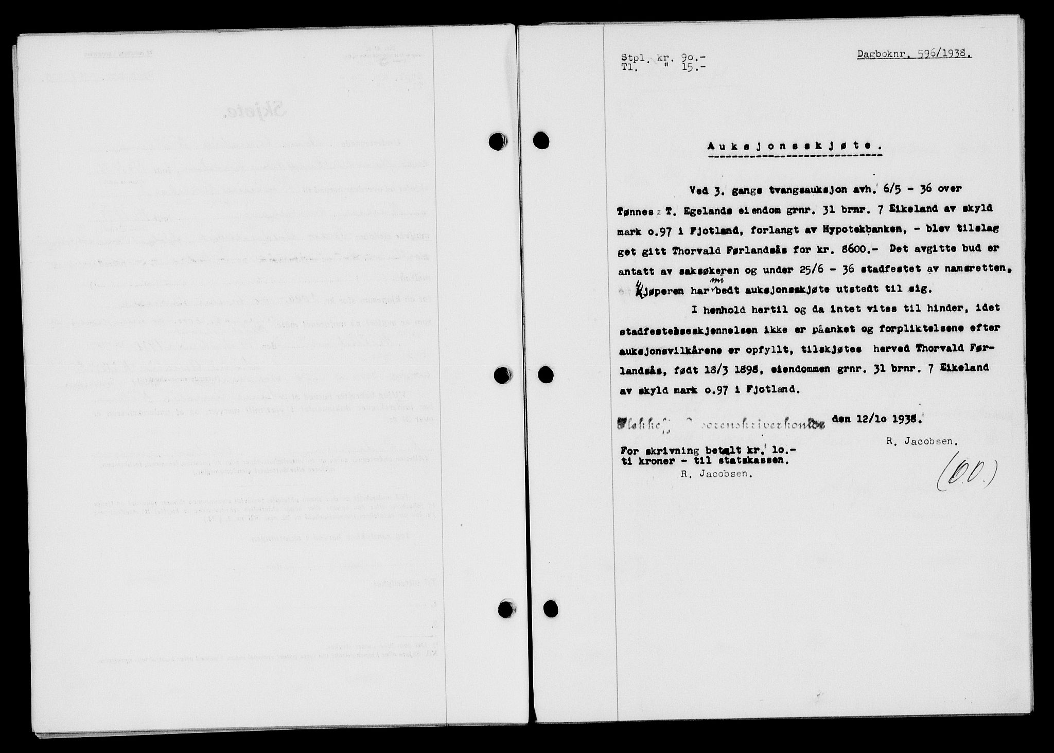 Flekkefjord sorenskriveri, SAK/1221-0001/G/Gb/Gba/L0054: Mortgage book no. A-2, 1937-1938, Diary no: : 596/1938