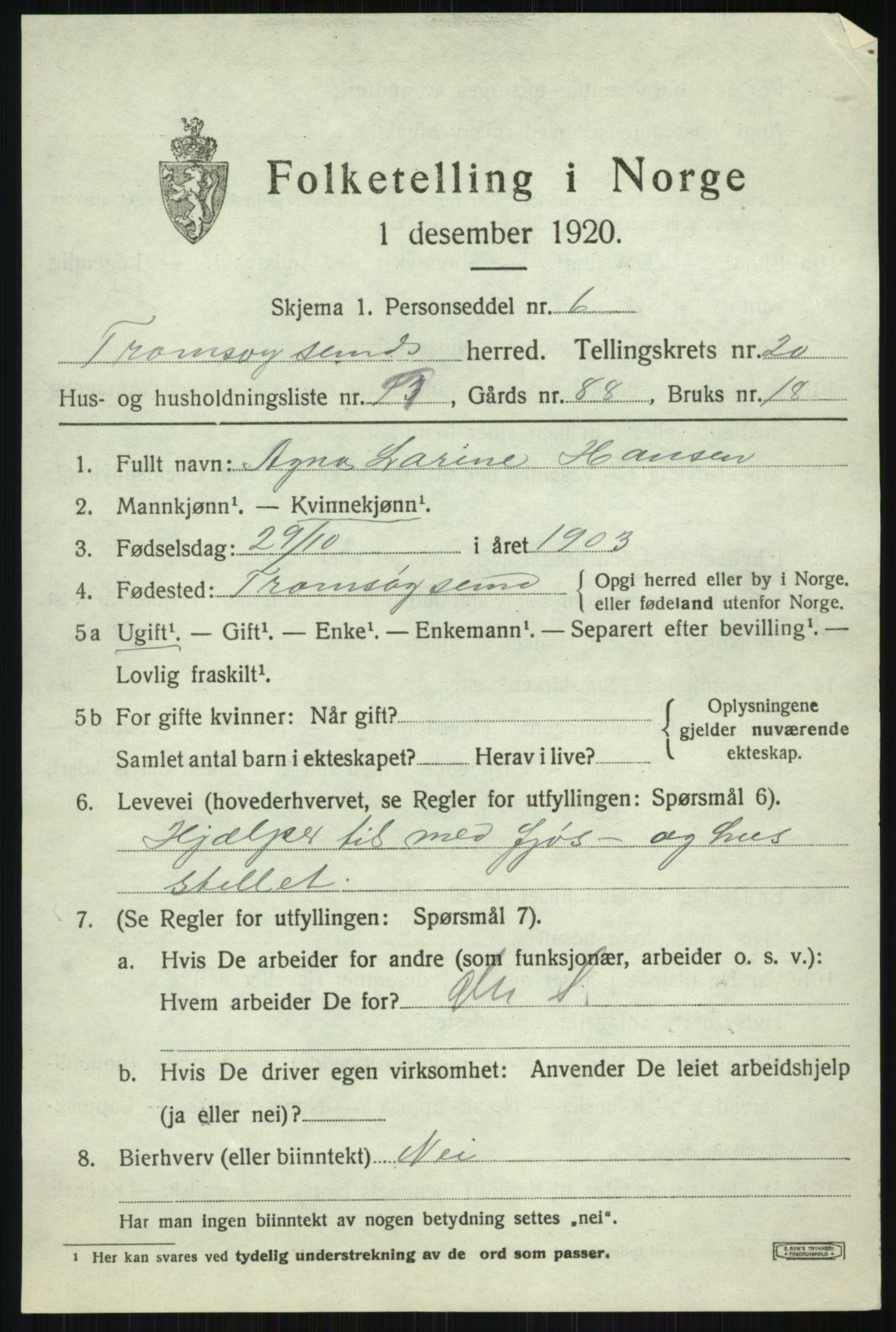 SATØ, 1920 census for Tromsøysund, 1920, p. 10692