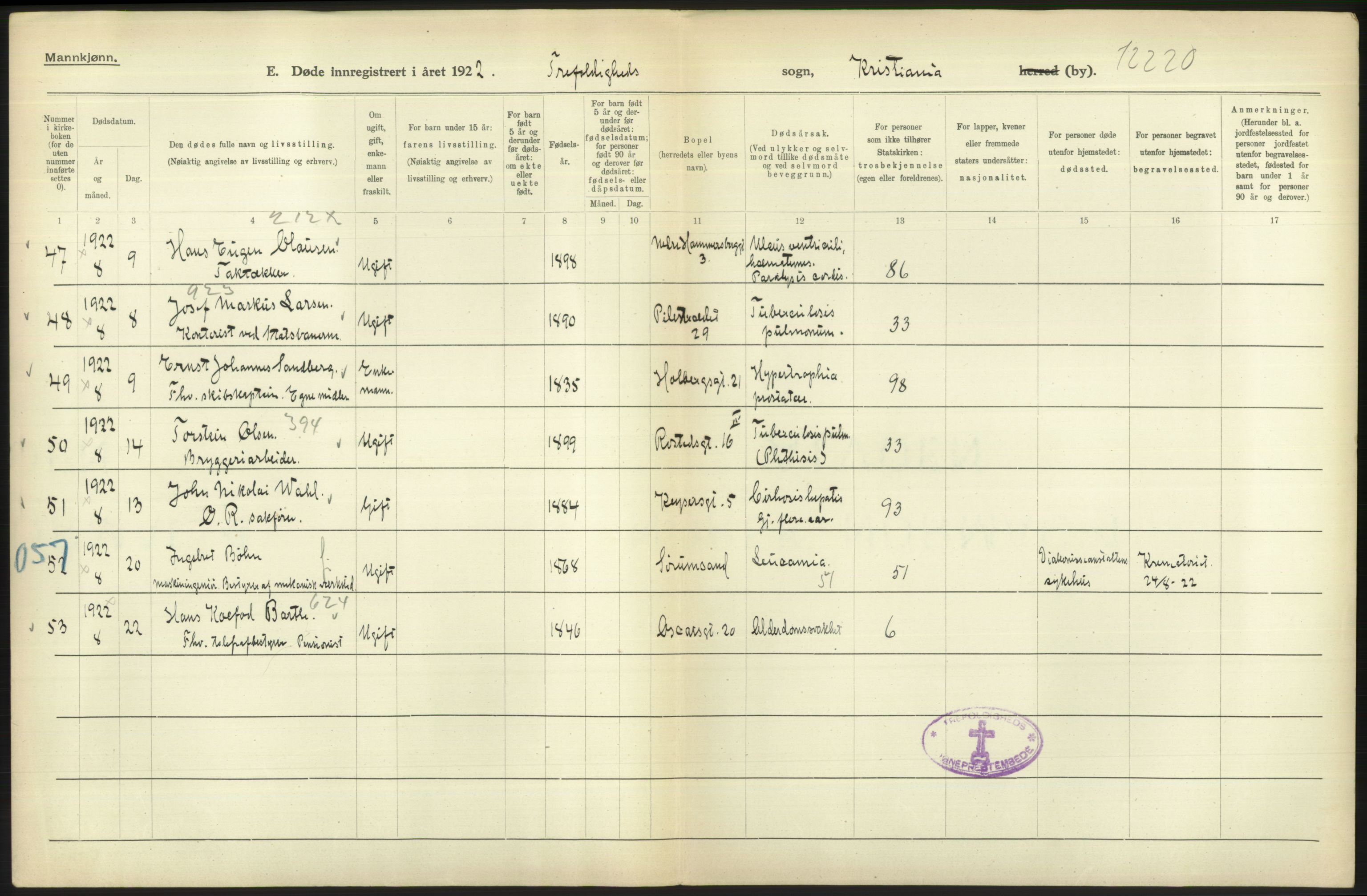 Statistisk sentralbyrå, Sosiodemografiske emner, Befolkning, AV/RA-S-2228/D/Df/Dfc/Dfcb/L0009: Kristiania: Døde, 1922, p. 190