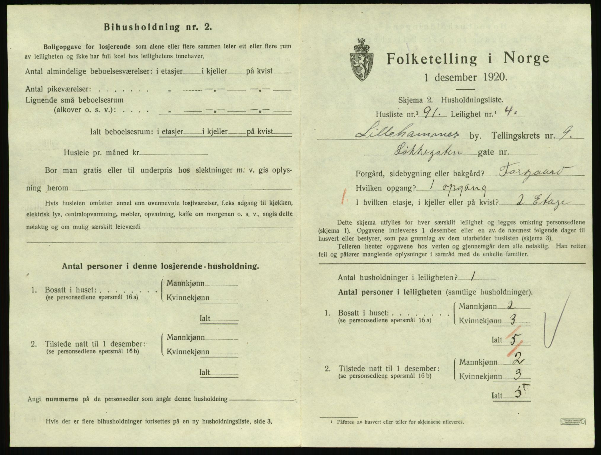 SAH, 1920 census for Lillehammer, 1920, p. 3380