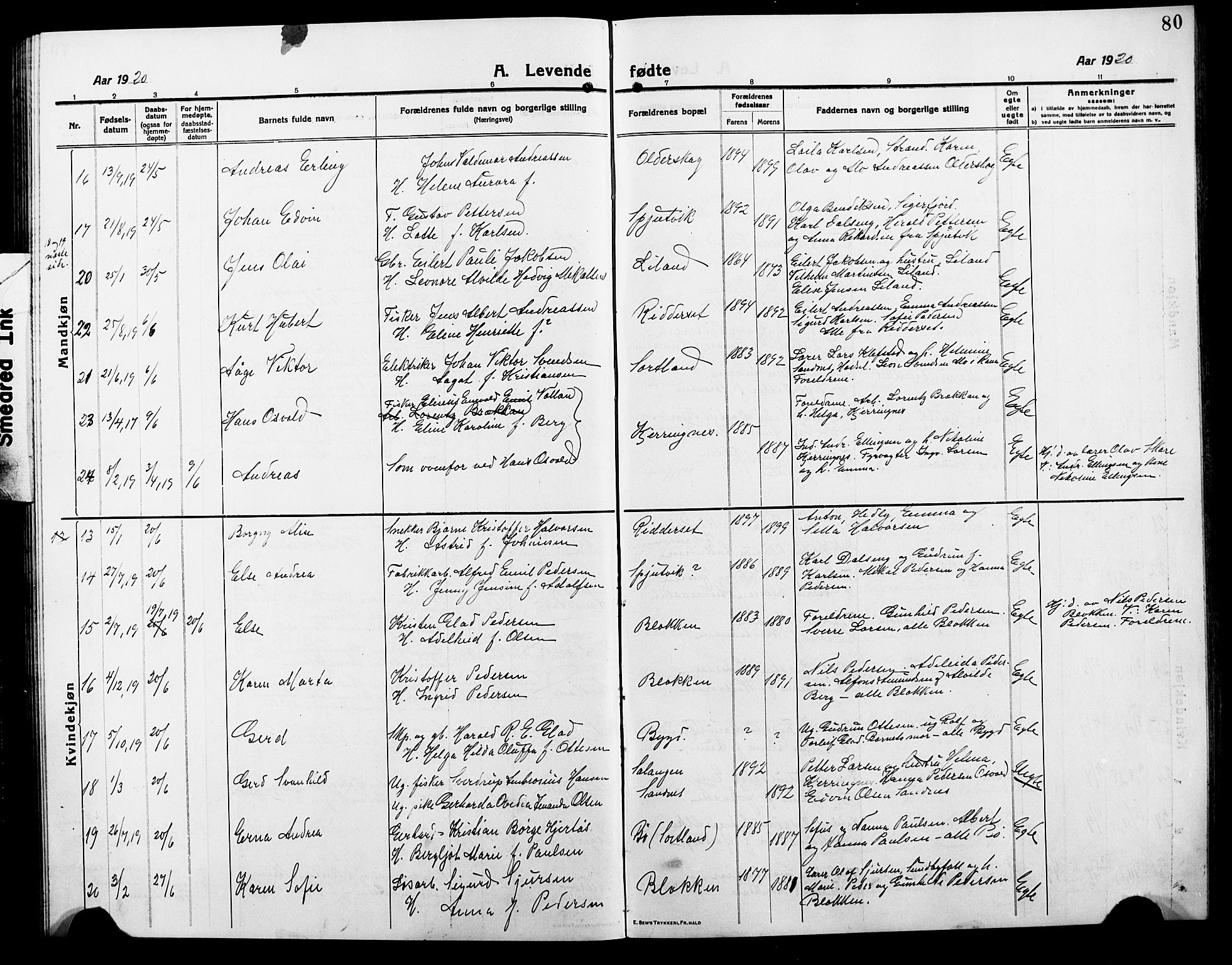 Ministerialprotokoller, klokkerbøker og fødselsregistre - Nordland, SAT/A-1459/895/L1383: Parish register (copy) no. 895C05, 1913-1922, p. 80