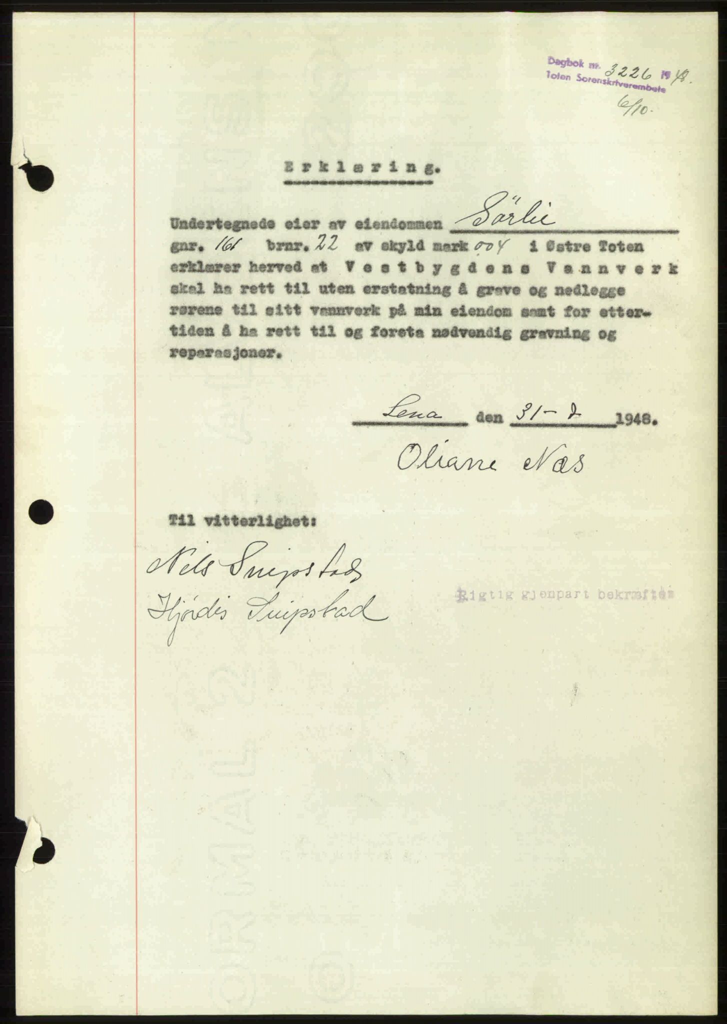 Toten tingrett, SAH/TING-006/H/Hb/Hbc/L0020: Mortgage book no. Hbc-20, 1948-1948, Diary no: : 3226/1948