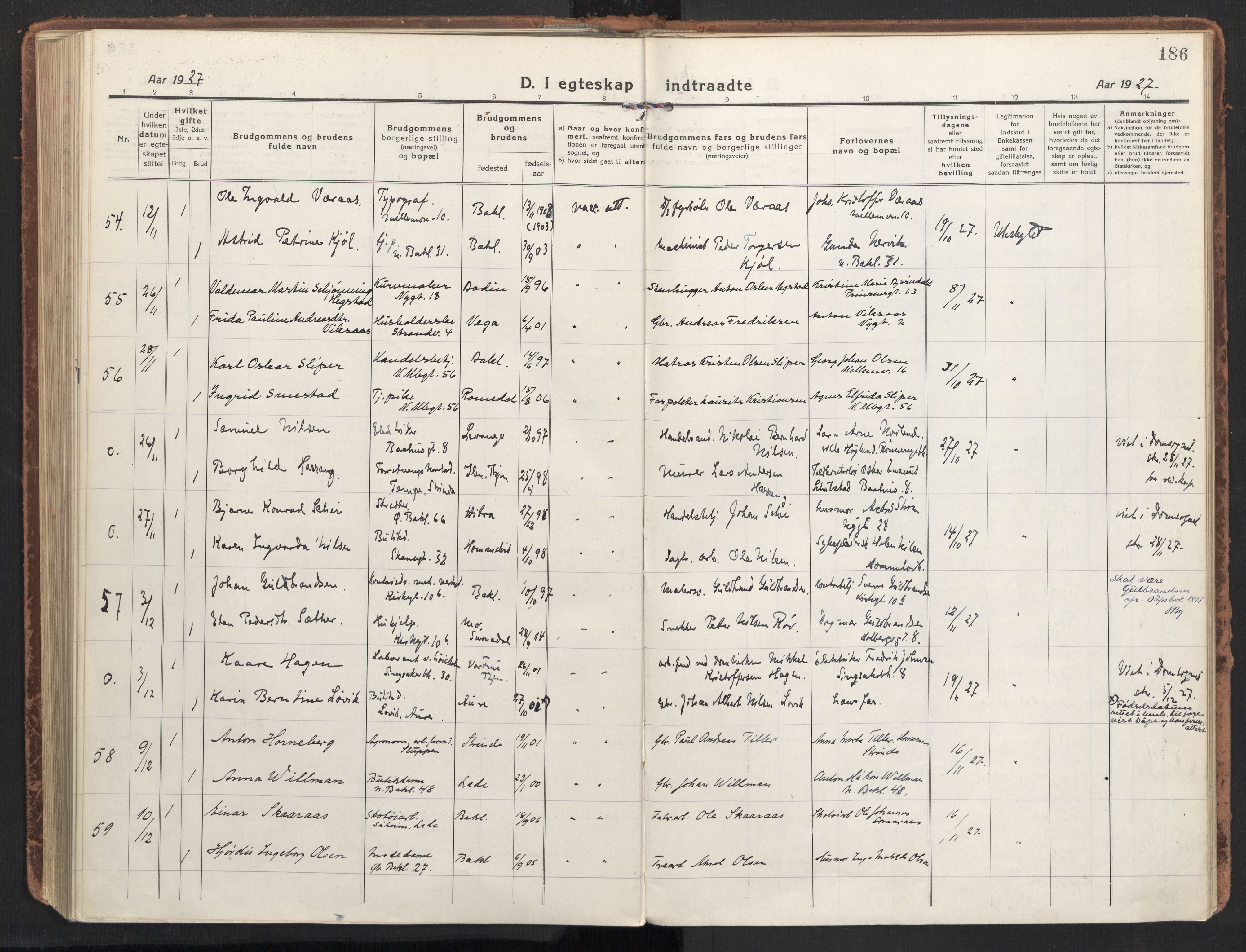 Ministerialprotokoller, klokkerbøker og fødselsregistre - Sør-Trøndelag, AV/SAT-A-1456/604/L0206: Parish register (official) no. 604A26, 1917-1931, p. 186