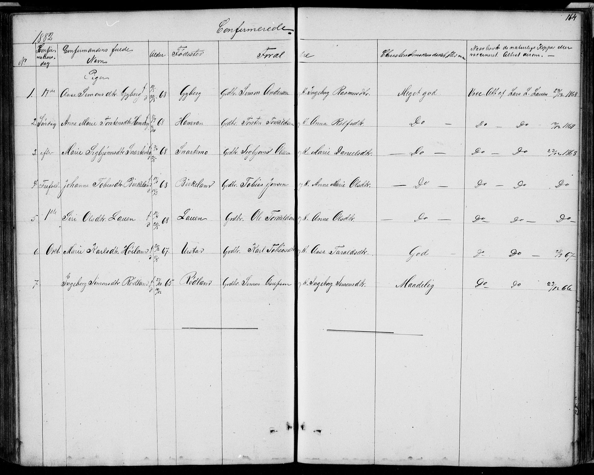 Hægebostad sokneprestkontor, AV/SAK-1111-0024/F/Fb/Fba/L0002: Parish register (copy) no. B 2, 1851-1882, p. 164