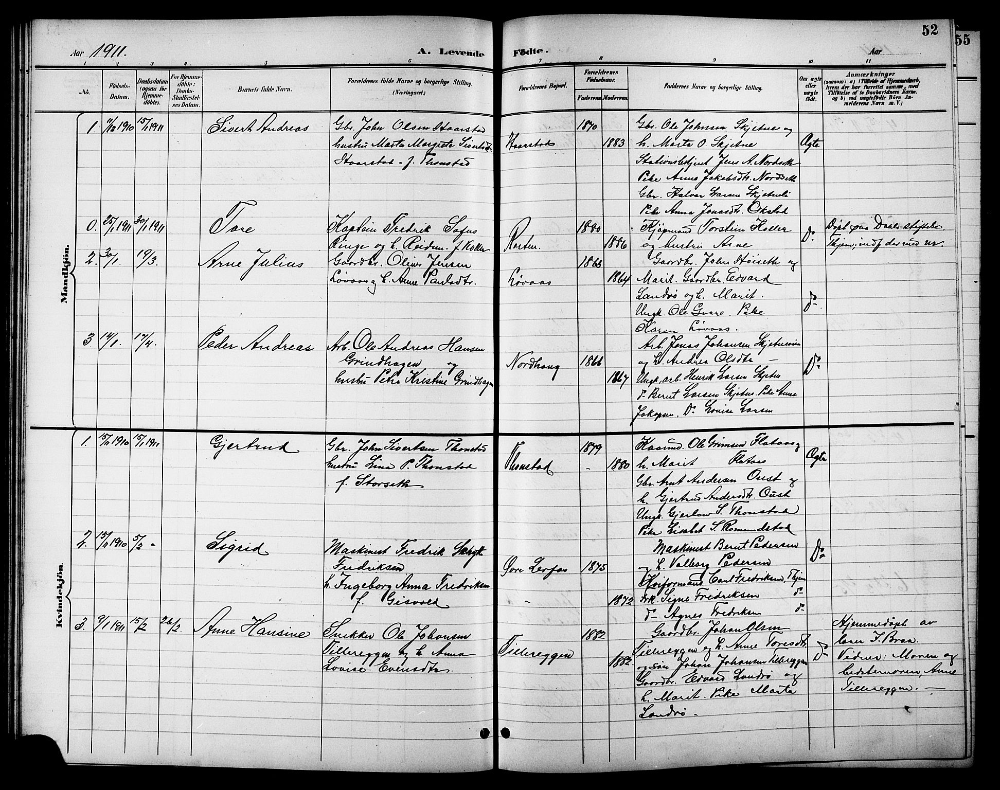 Ministerialprotokoller, klokkerbøker og fødselsregistre - Sør-Trøndelag, SAT/A-1456/621/L0460: Parish register (copy) no. 621C03, 1896-1914, p. 52