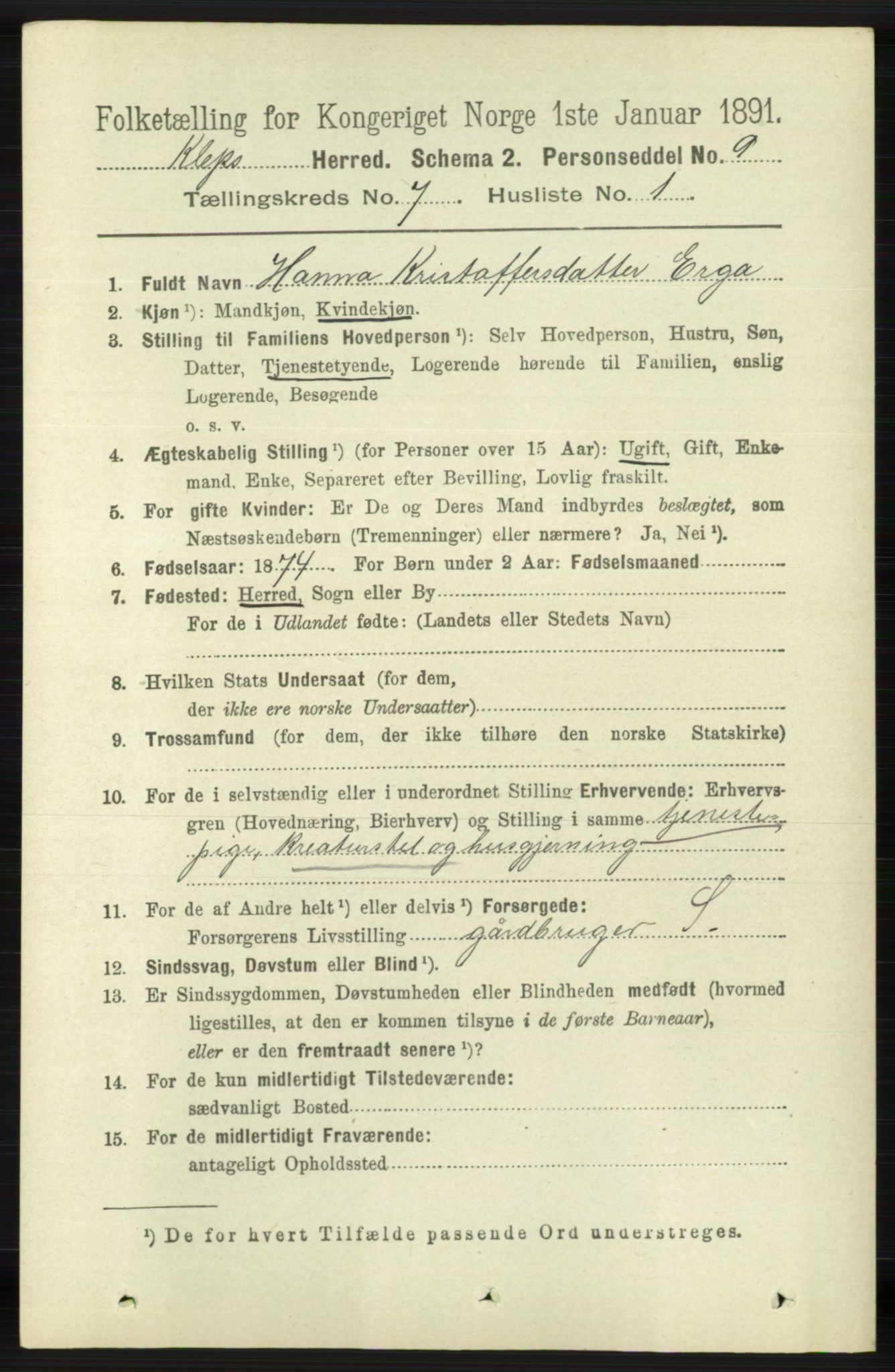 RA, 1891 census for 1120 Klepp, 1891, p. 2117