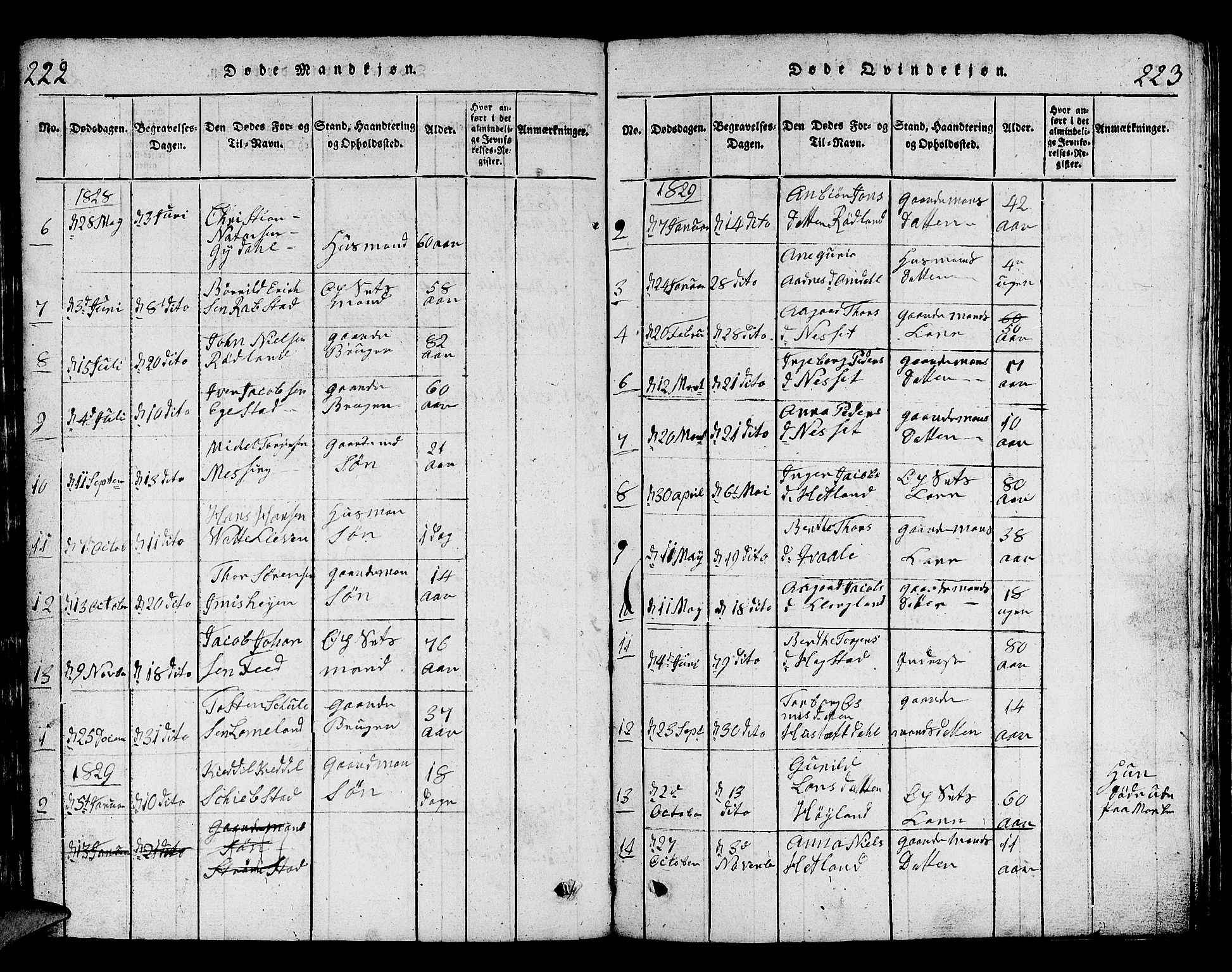 Helleland sokneprestkontor, SAST/A-101810: Parish register (copy) no. B 1, 1815-1841, p. 222-223