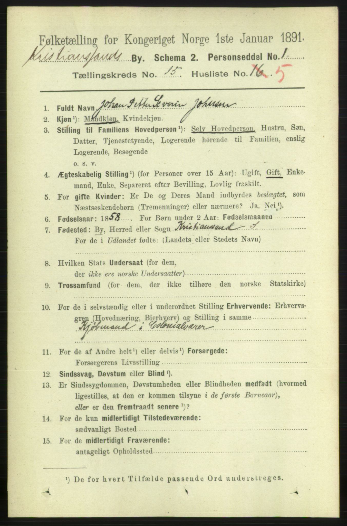 RA, 1891 census for 1001 Kristiansand, 1891, p. 6344