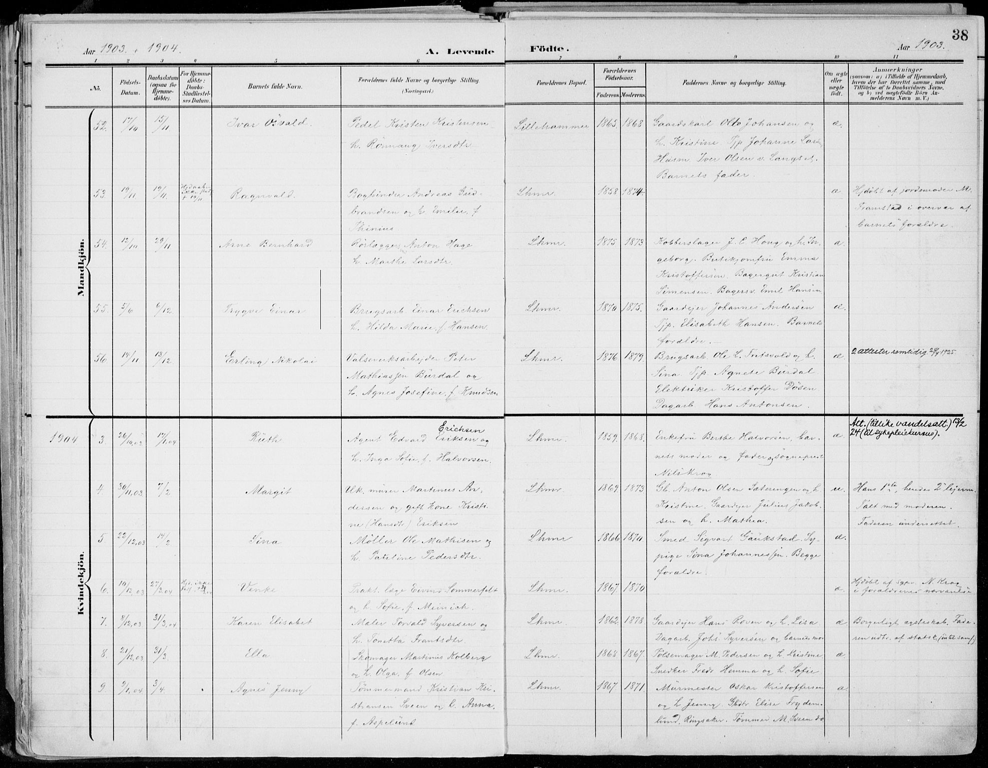 Lillehammer prestekontor, SAH/PREST-088/H/Ha/Haa/L0001: Parish register (official) no. 1, 1901-1916, p. 38