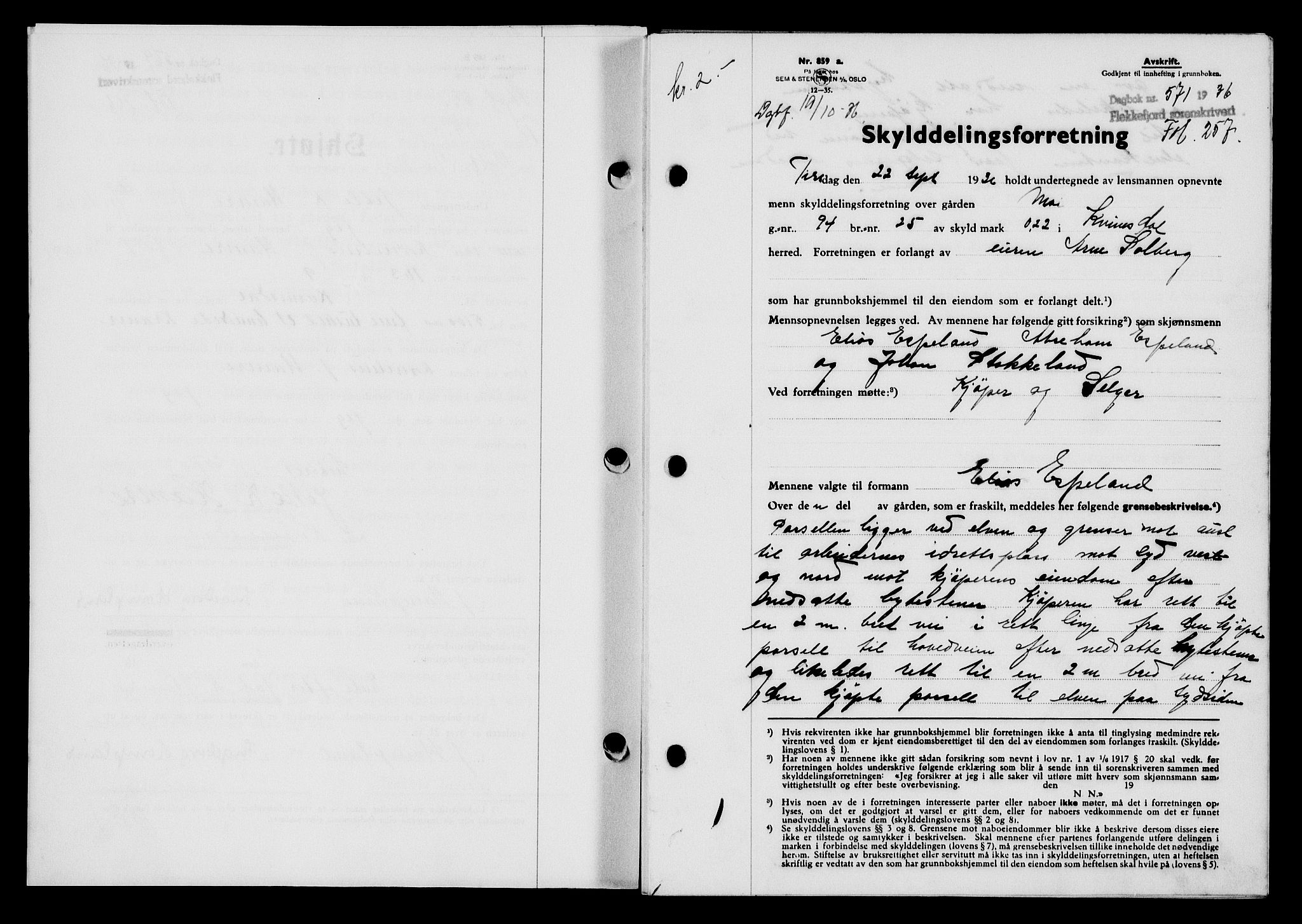 Flekkefjord sorenskriveri, SAK/1221-0001/G/Gb/Gba/L0053: Mortgage book no. A-1, 1936-1937, Diary no: : 571/1936