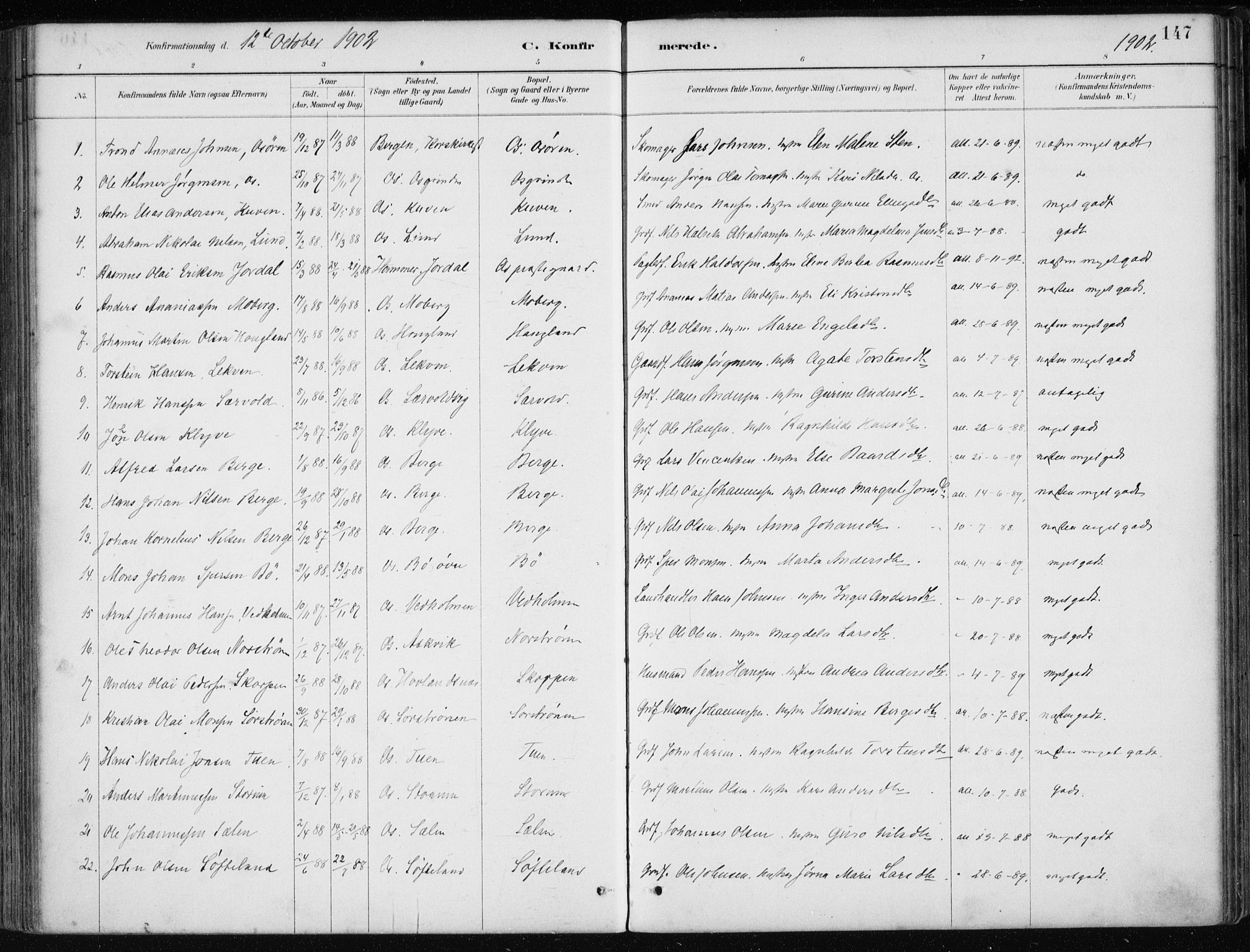 Os sokneprestembete, SAB/A-99929: Parish register (official) no. B 1, 1885-1902, p. 147