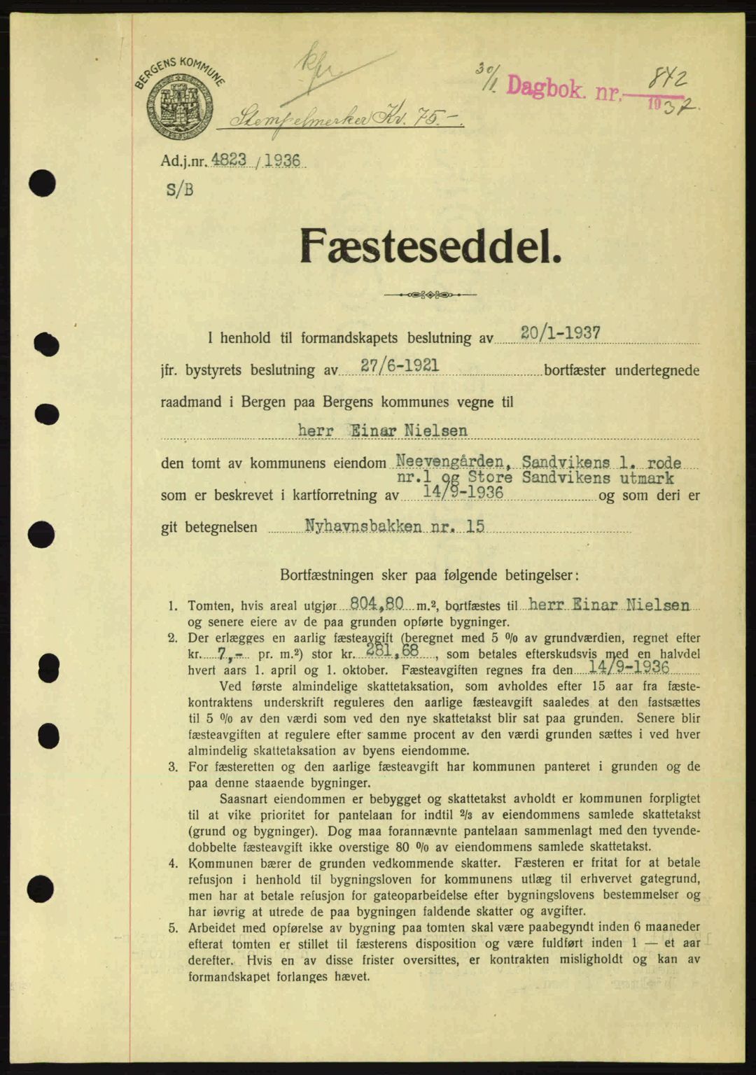 Byfogd og Byskriver i Bergen, SAB/A-3401/03/03Bc/L0004: Mortgage book no. A3-4, 1936-1937, Diary no: : 842/1937