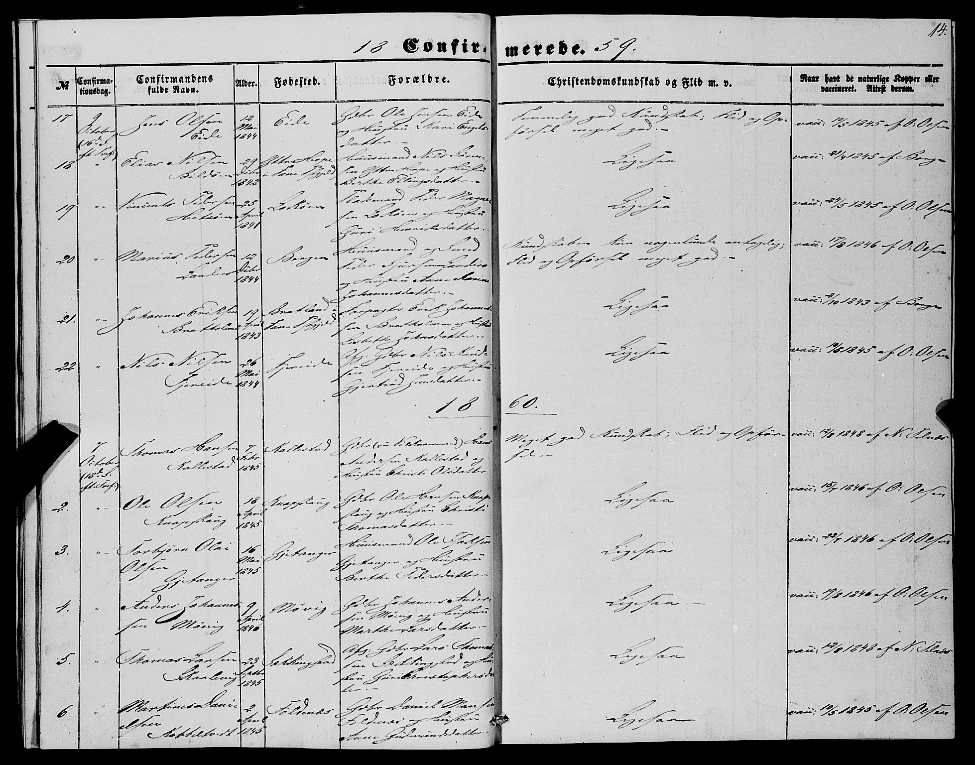 Fjell sokneprestembete, SAB/A-75301/H/Haa: Parish register (official) no. A 4, 1851-1870, p. 14