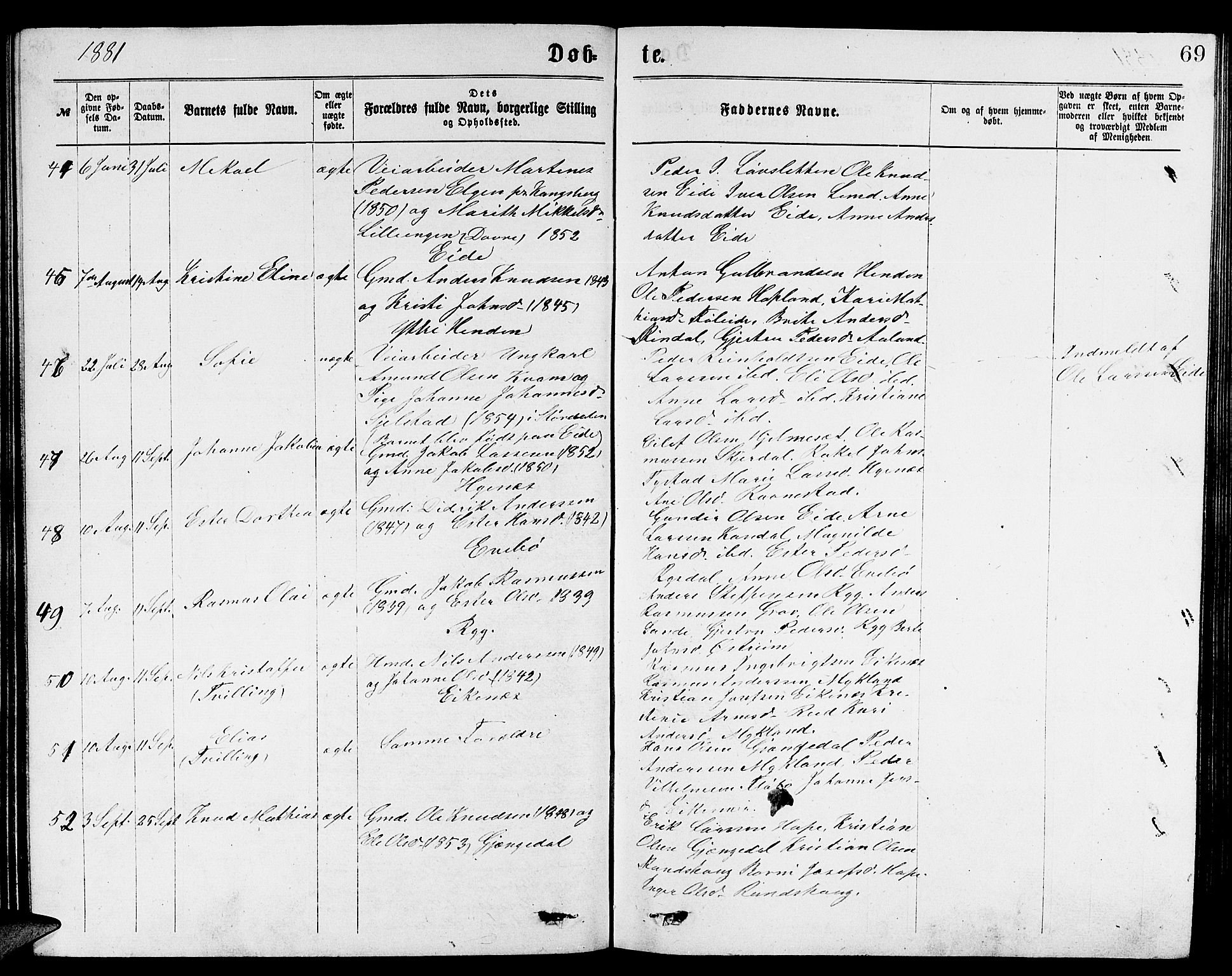 Gloppen sokneprestembete, AV/SAB-A-80101/H/Hab/Habb/L0001: Parish register (copy) no. B 1, 1872-1888, p. 69