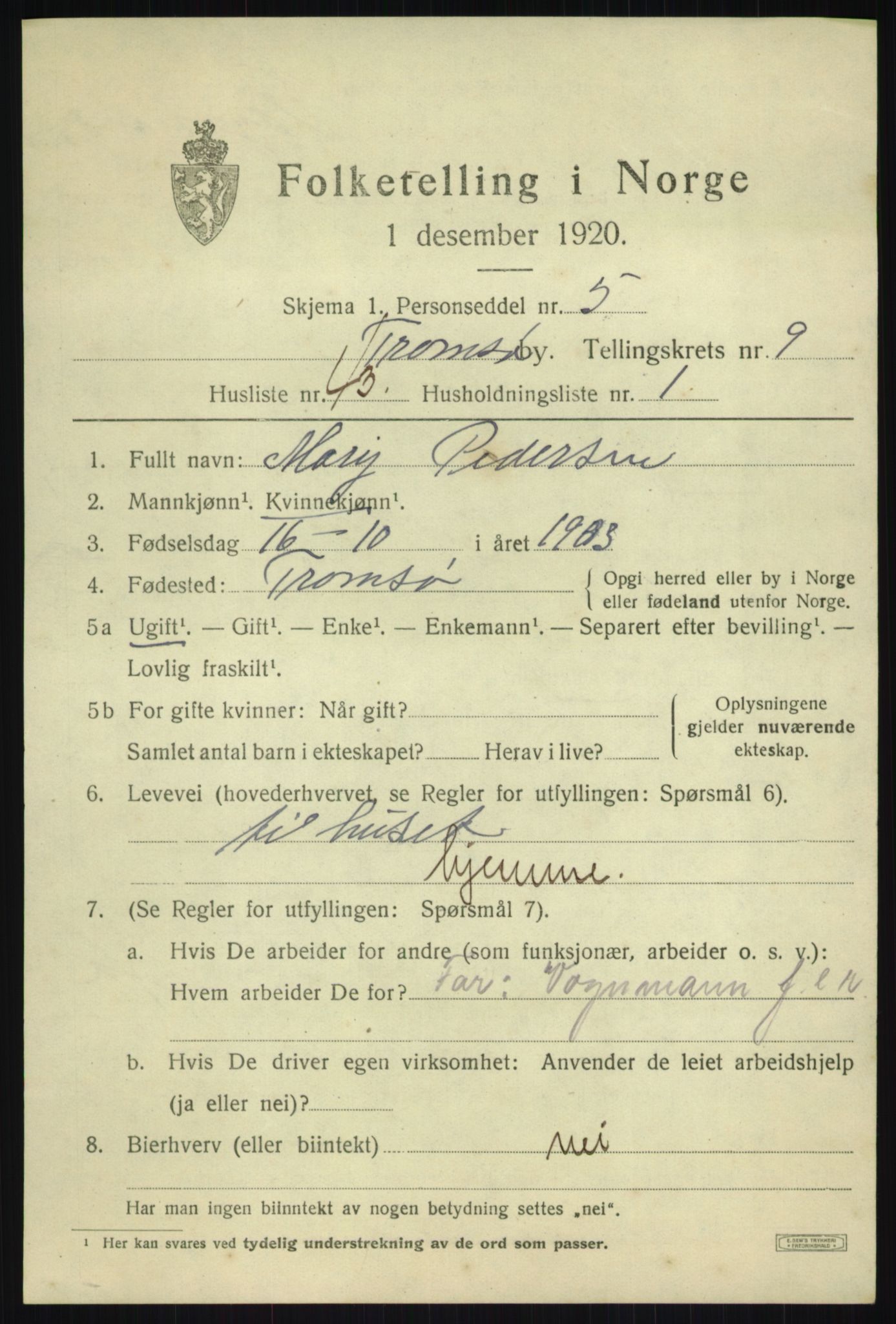 SATØ, 1920 census for Tromsø, 1920, p. 19601