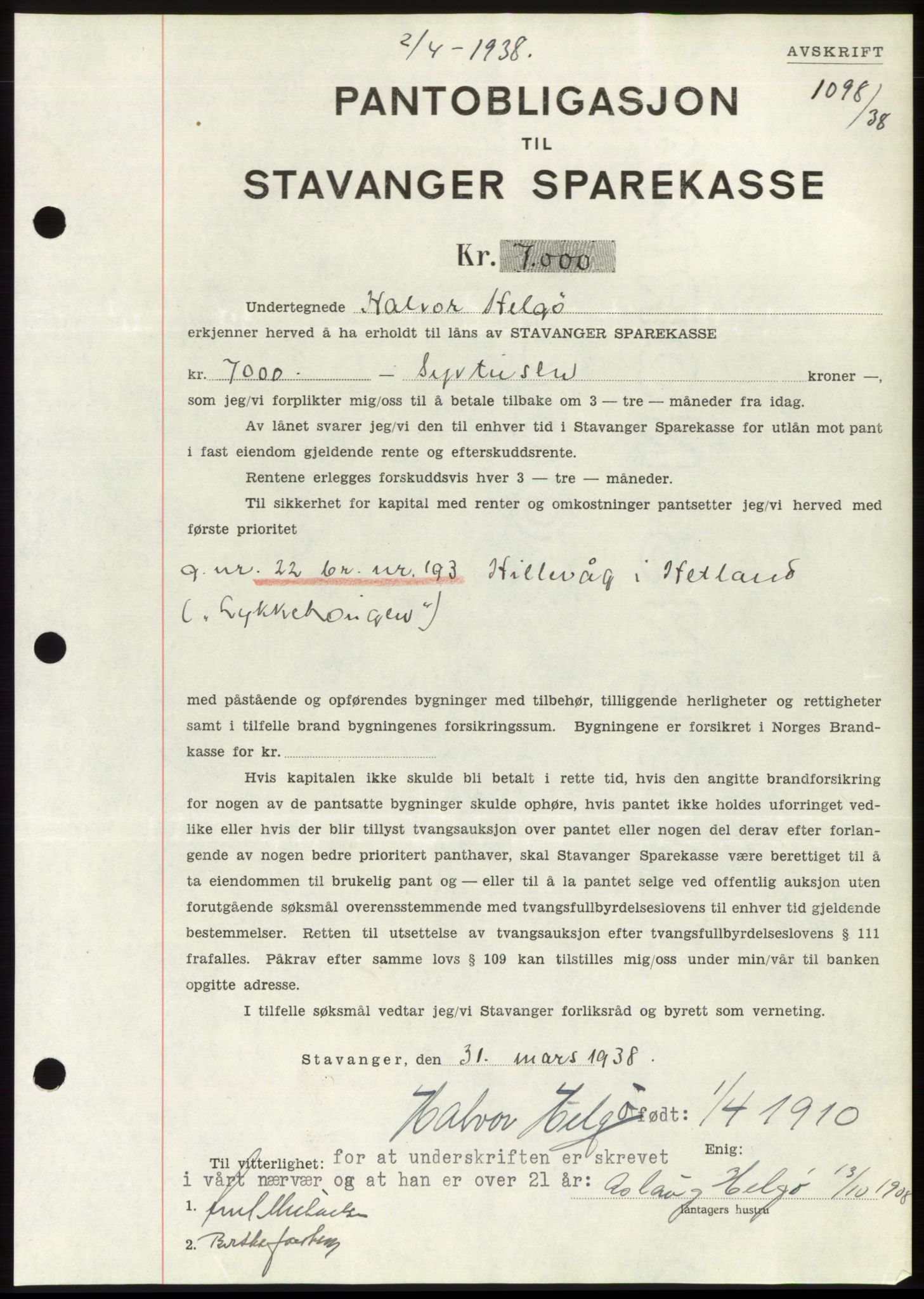 Jæren sorenskriveri, SAST/A-100310/03/G/Gba/L0070: Mortgage book, 1938-1938, Diary no: : 1098/1938