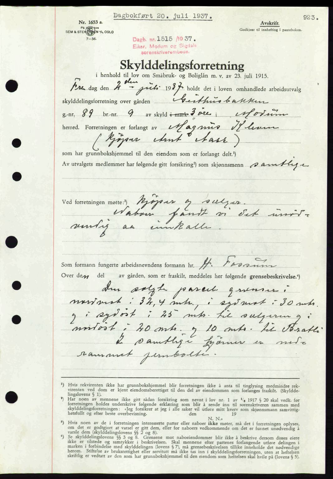 Eiker, Modum og Sigdal sorenskriveri, SAKO/A-123/G/Ga/Gab/L0035: Mortgage book no. A5, 1937-1937, Diary no: : 1515/1937