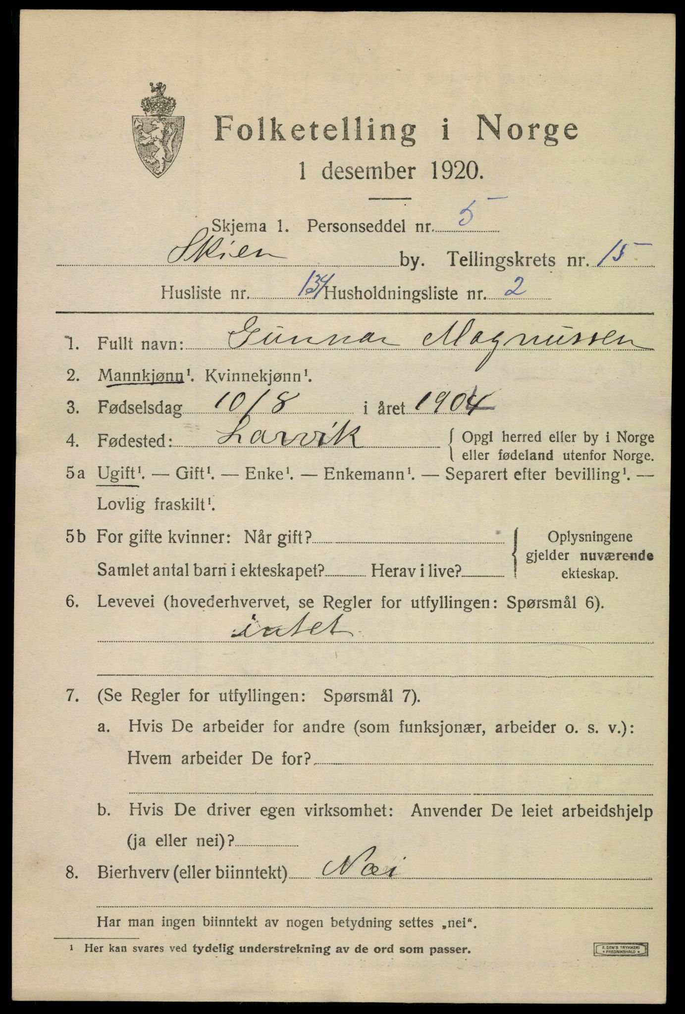 SAKO, 1920 census for Skien, 1920, p. 45736