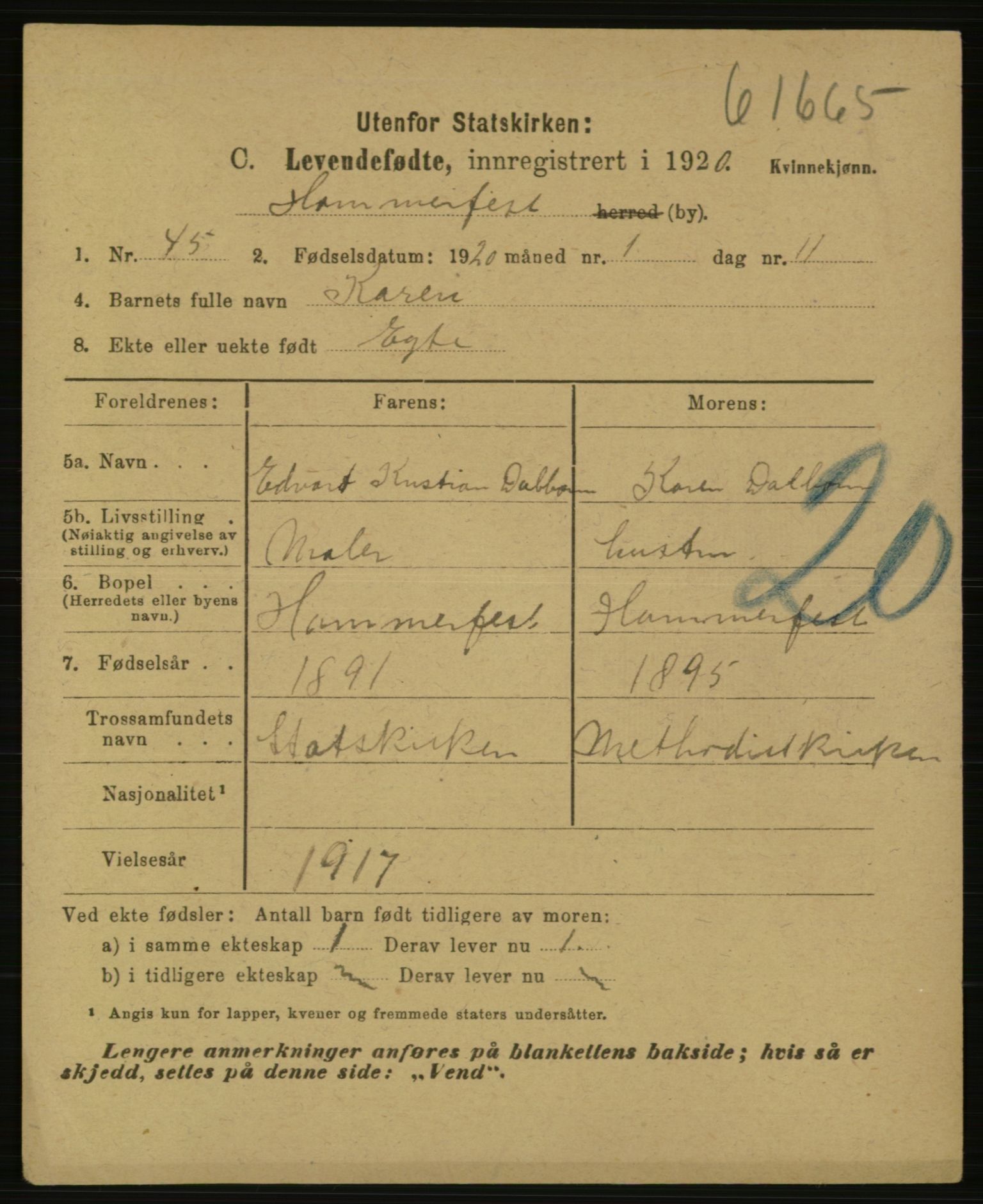 Statistisk sentralbyrå, Sosiodemografiske emner, Befolkning, AV/RA-S-2228/E/L0018: Fødte, gifte, døde dissentere., 1920, p. 1991