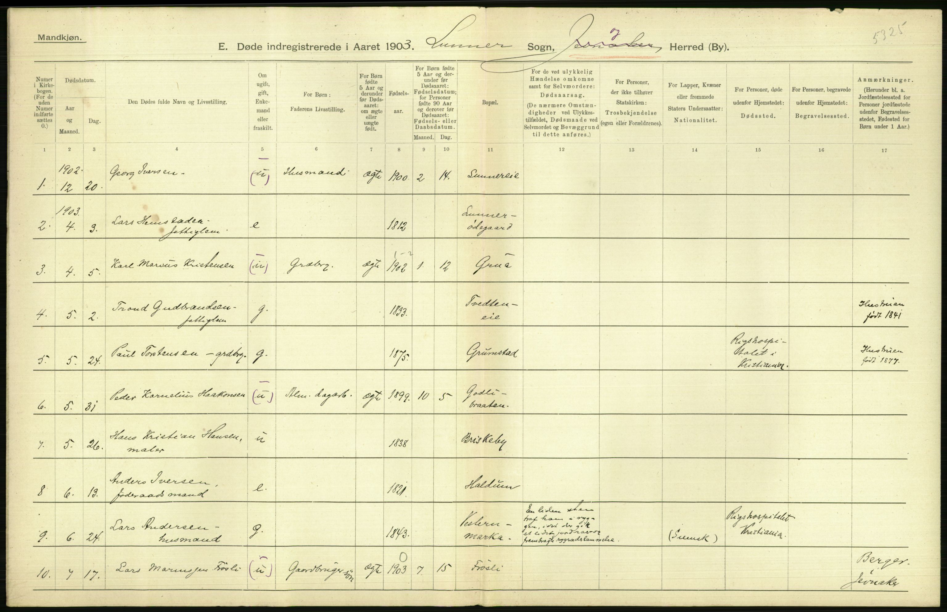 Statistisk sentralbyrå, Sosiodemografiske emner, Befolkning, AV/RA-S-2228/D/Df/Dfa/Dfaa/L0006: Kristians amt: Fødte, gifte, døde, 1903, p. 598