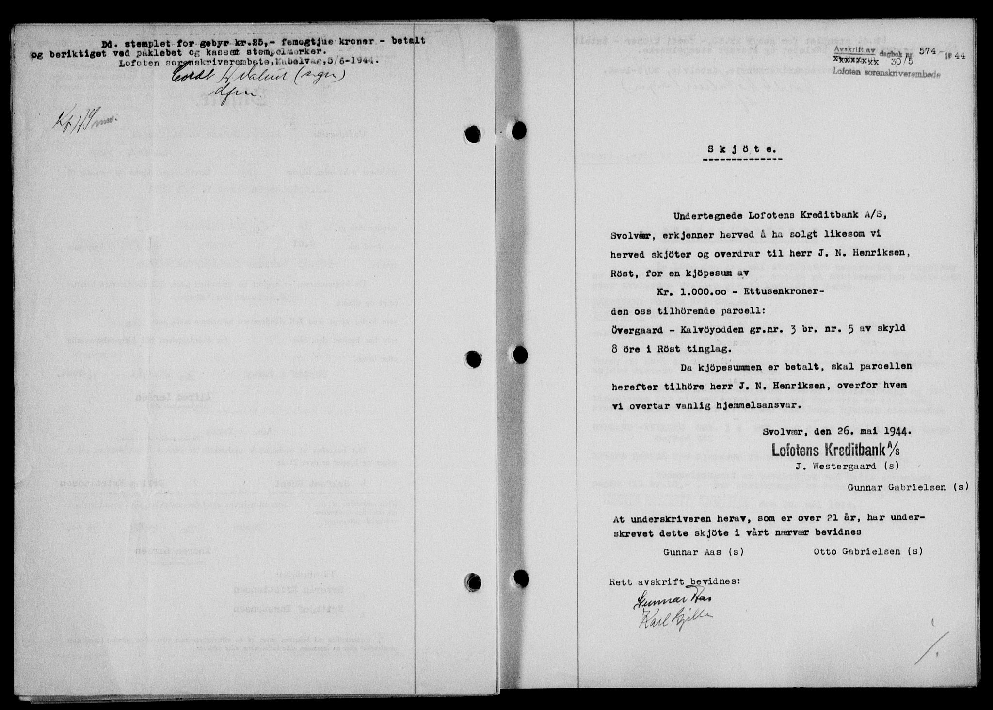 Lofoten sorenskriveri, SAT/A-0017/1/2/2C/L0012a: Mortgage book no. 12a, 1943-1944, Diary no: : 574/1944
