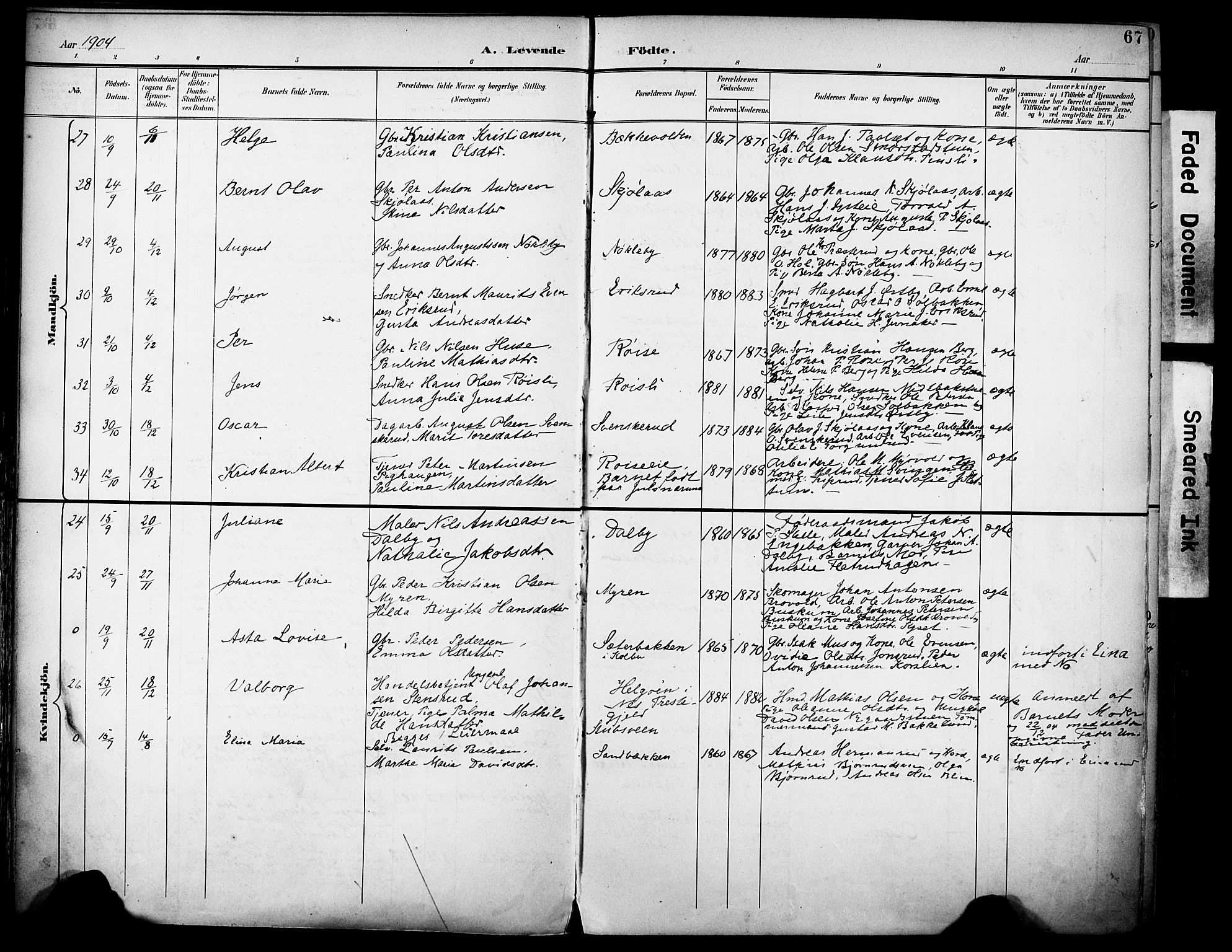 Vestre Toten prestekontor, SAH/PREST-108/H/Ha/Haa/L0013: Parish register (official) no. 13, 1895-1911, p. 67