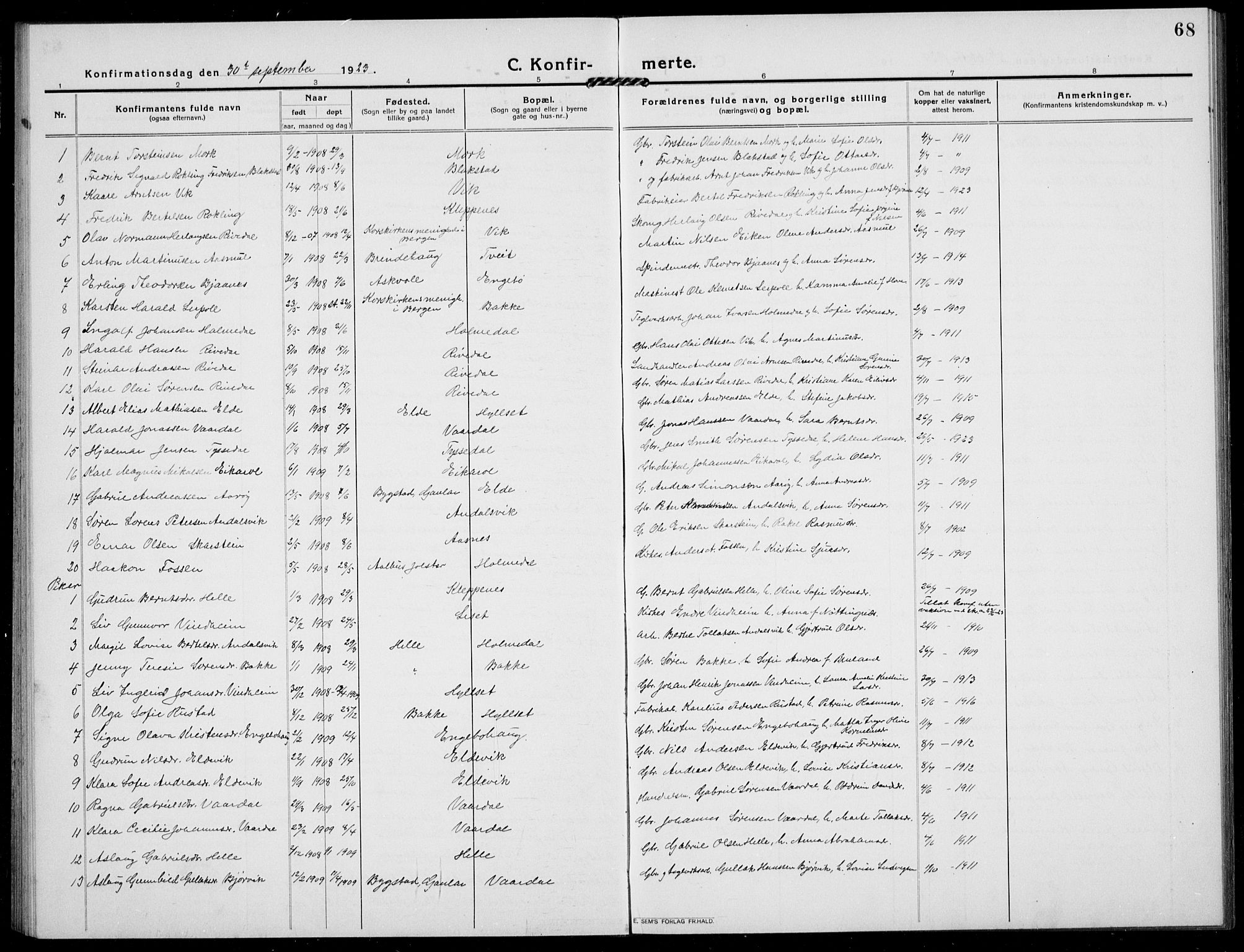 Fjaler sokneprestembete, AV/SAB-A-79801/H/Hab/Habb/L0003: Parish register (copy) no. B 3, 1913-1940, p. 68