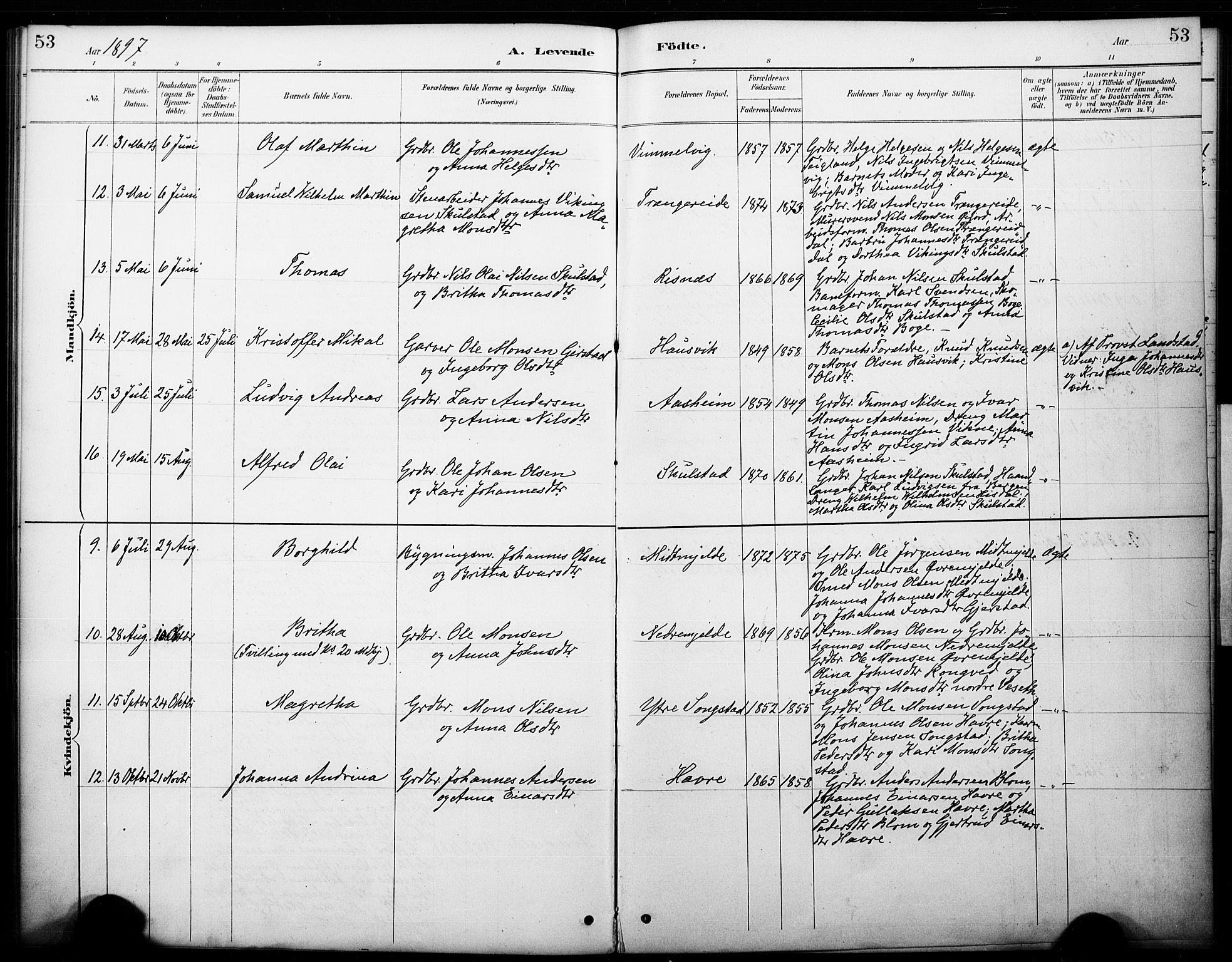 Haus sokneprestembete, AV/SAB-A-75601/H/Haa: Parish register (official) no. B 1, 1887-1898, p. 53