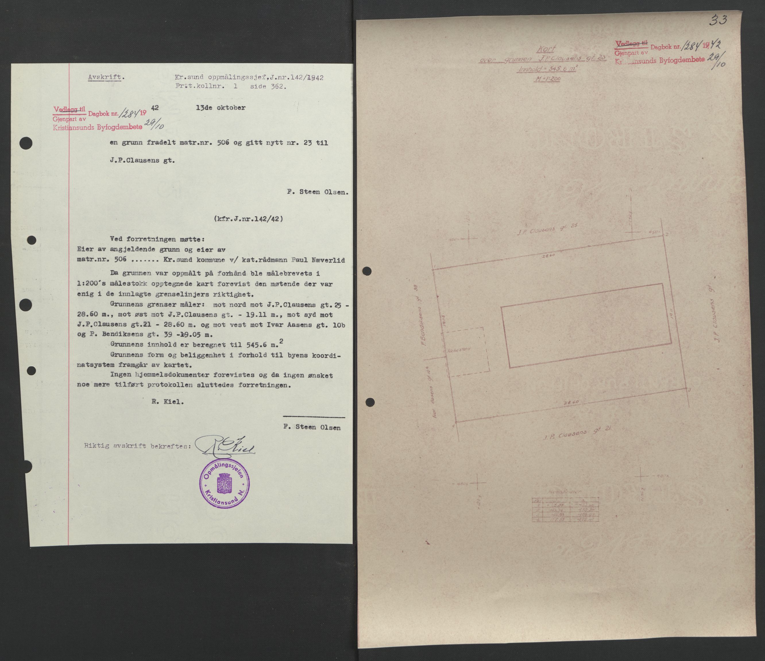 Kristiansund byfogd, AV/SAT-A-4587/A/27: Mortgage book no. 37, 1942-1945, Diary no: : 1284/1942