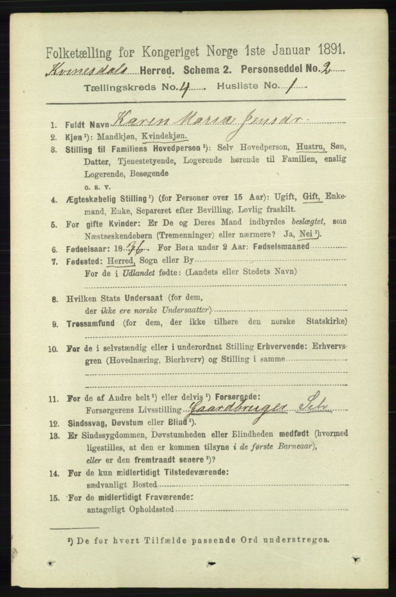 RA, 1891 census for 1037 Kvinesdal, 1891, p. 1433