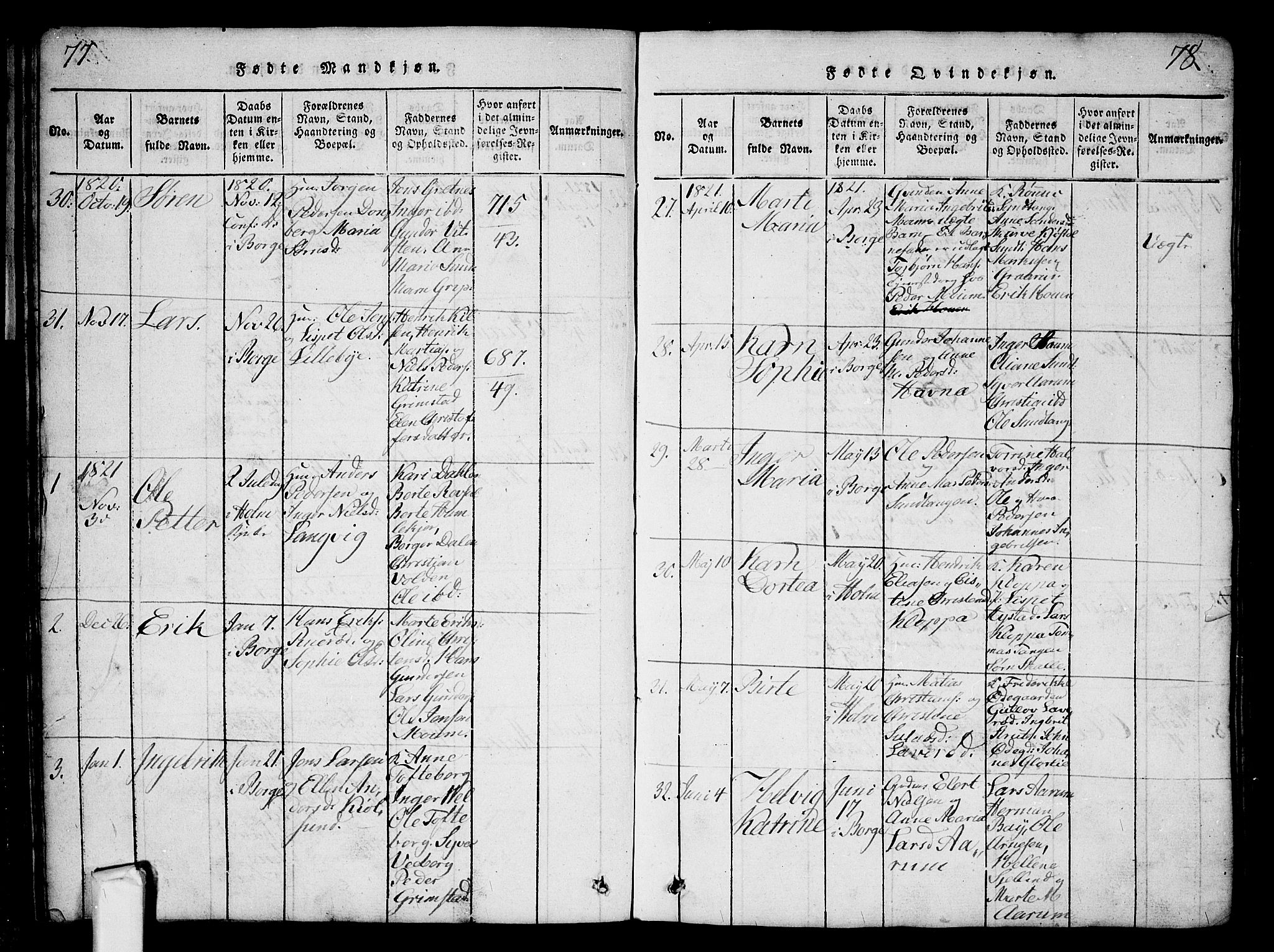 Borge prestekontor Kirkebøker, AV/SAO-A-10903/G/Ga/L0001: Parish register (copy) no.  I 1, 1815-1835, p. 77-78