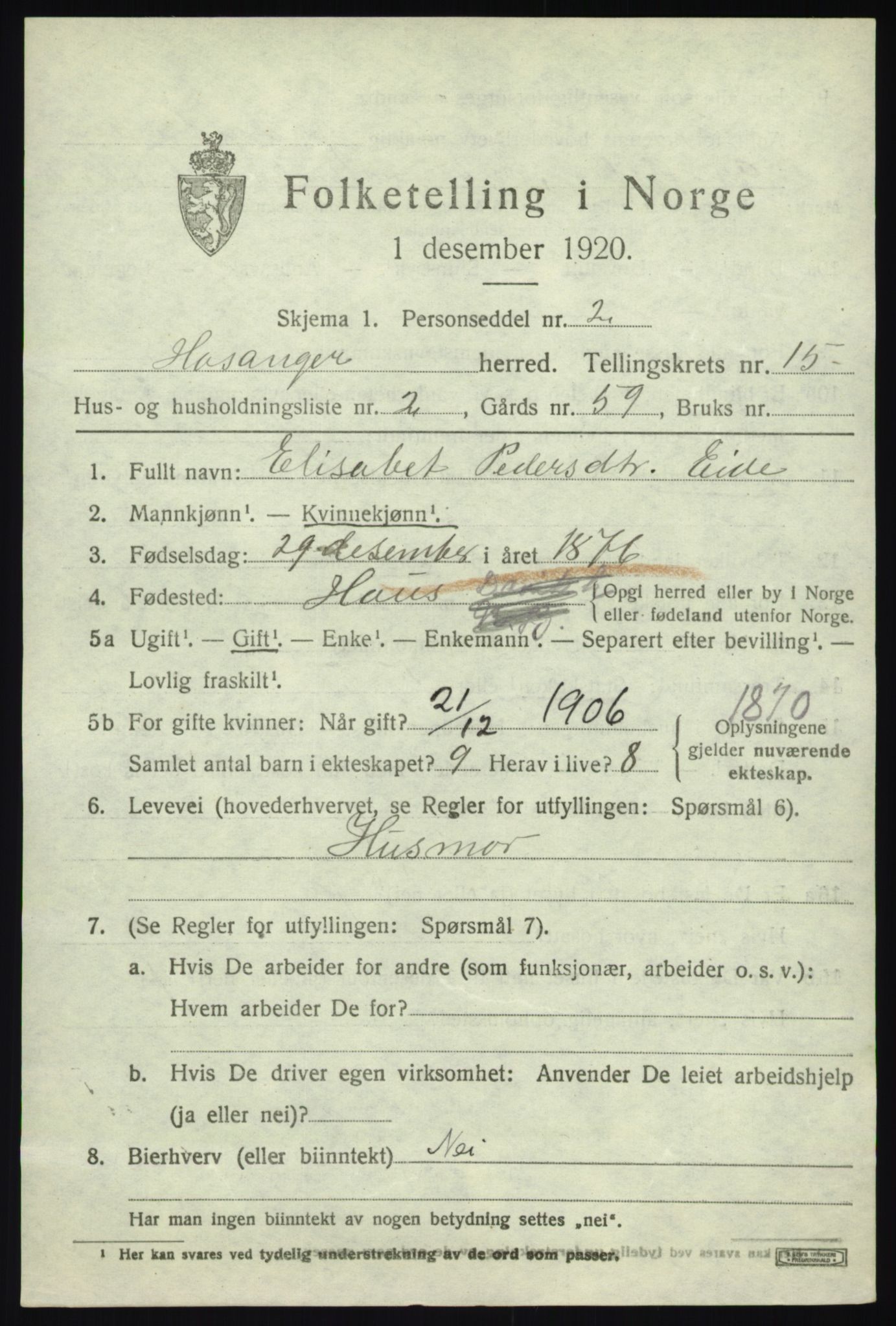 SAB, 1920 census for Hosanger, 1920, p. 5855