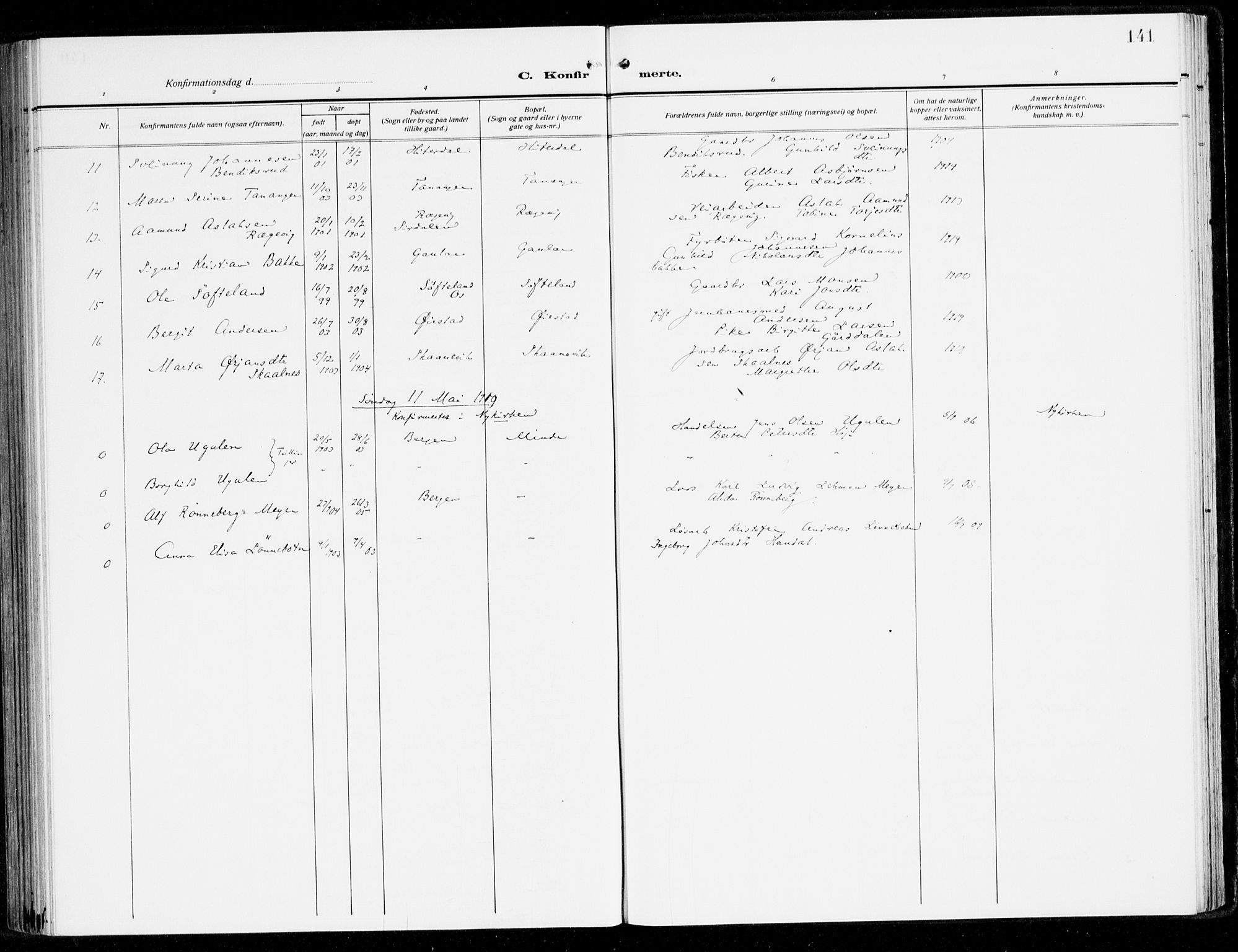 Fana Sokneprestembete, SAB/A-75101/H/Haa/Haai/L0004: Parish register (official) no. I 4, 1912-1933, p. 141