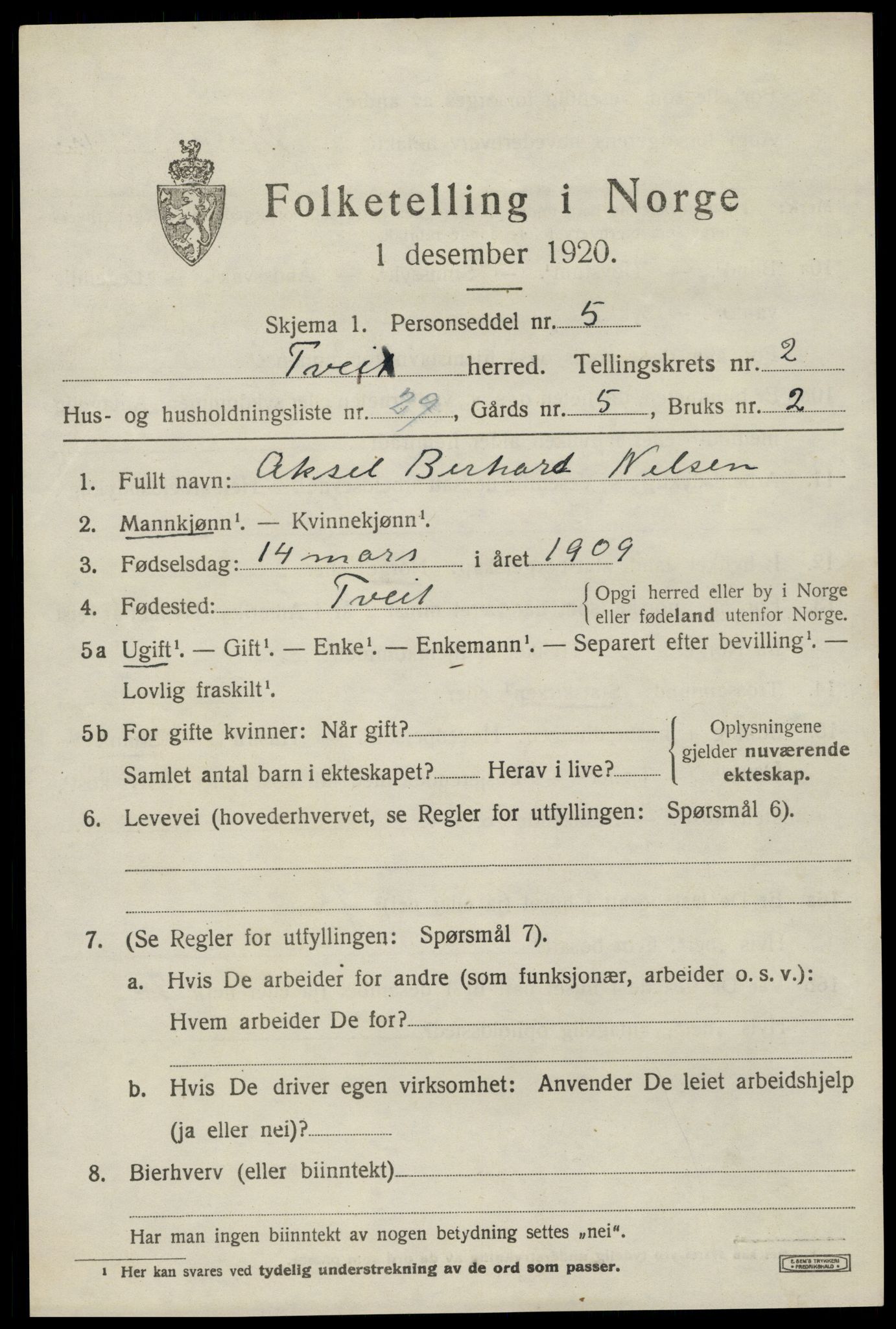 SAK, 1920 census for Tveit, 1920, p. 1478