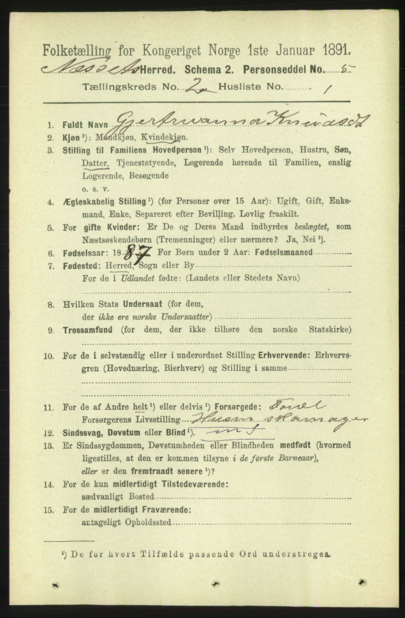 RA, 1891 census for 1543 Nesset, 1891, p. 637