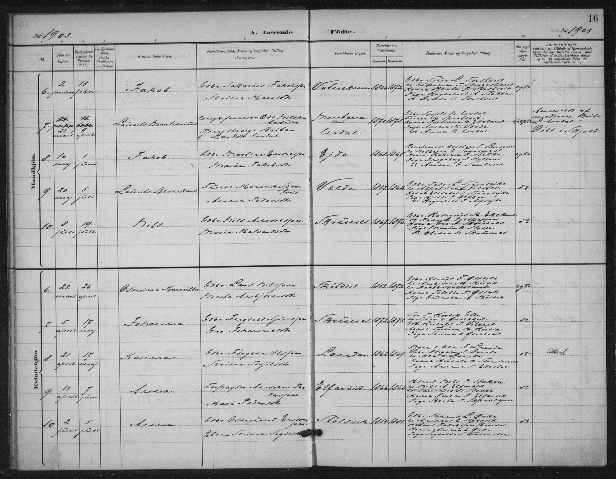 Skjold sokneprestkontor, AV/SAST-A-101847/H/Ha/Haa/L0012: Parish register (official) no. A 12, 1899-1915, p. 16