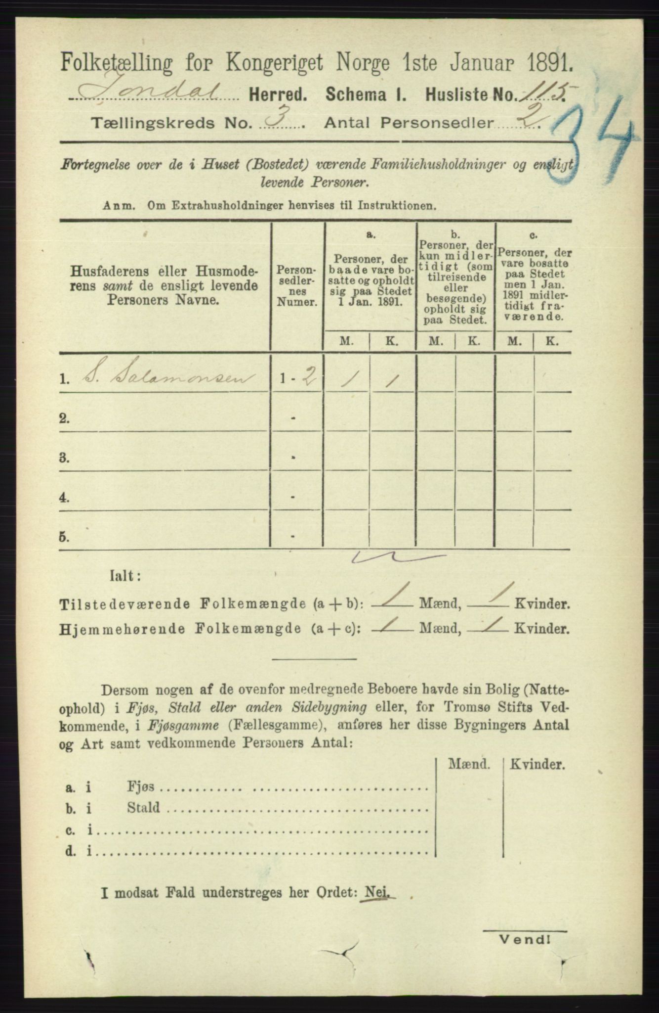 RA, 1891 census for 1227 Jondal, 1891, p. 1296