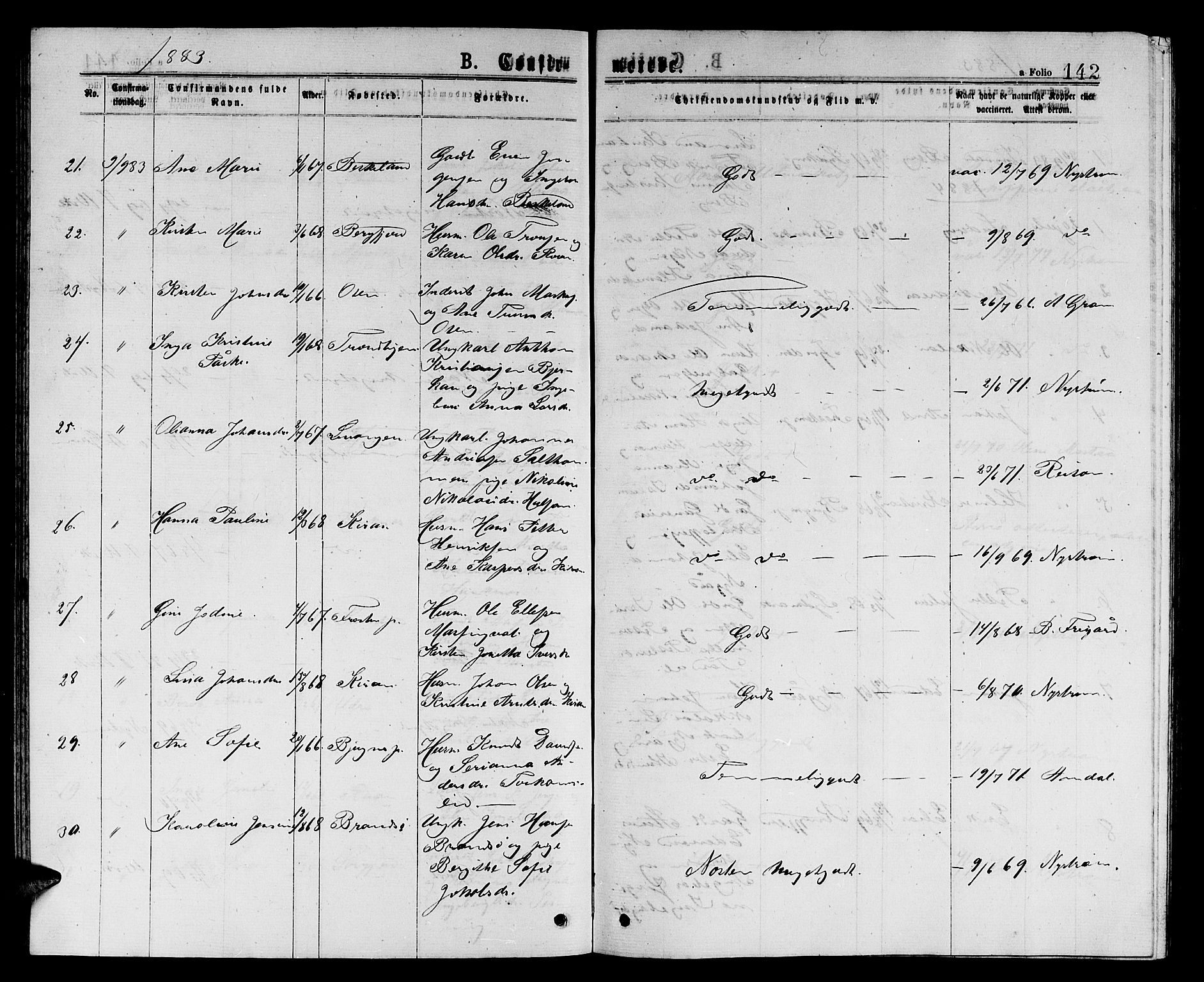Ministerialprotokoller, klokkerbøker og fødselsregistre - Sør-Trøndelag, SAT/A-1456/657/L0715: Parish register (copy) no. 657C02, 1873-1888, p. 142