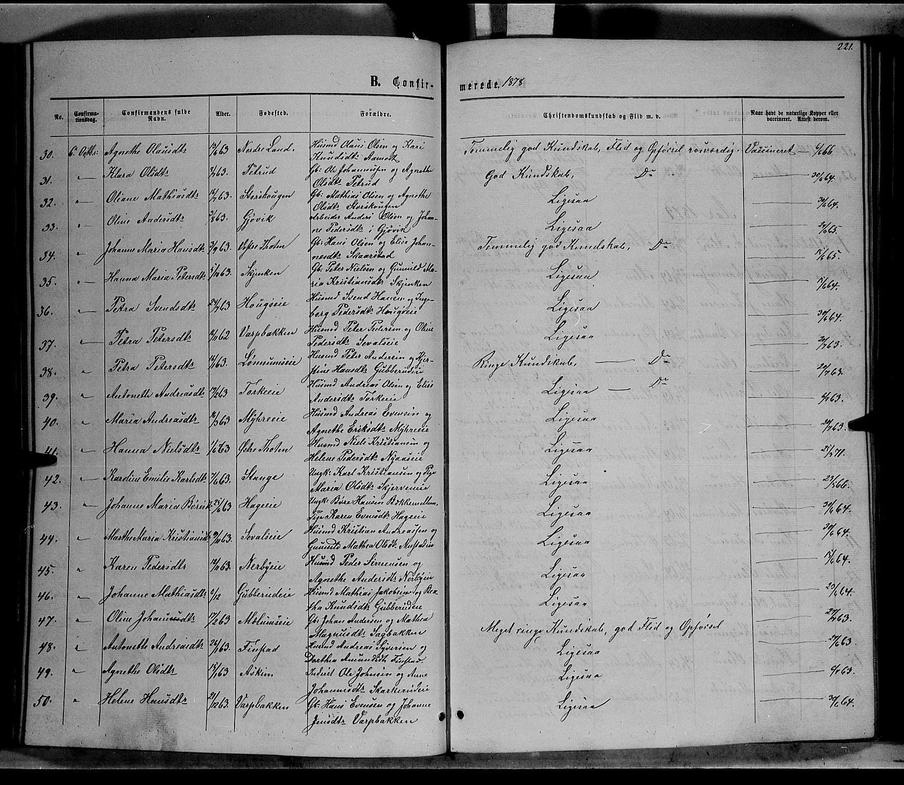 Vardal prestekontor, SAH/PREST-100/H/Ha/Hab/L0006: Parish register (copy) no. 6, 1869-1881, p. 221