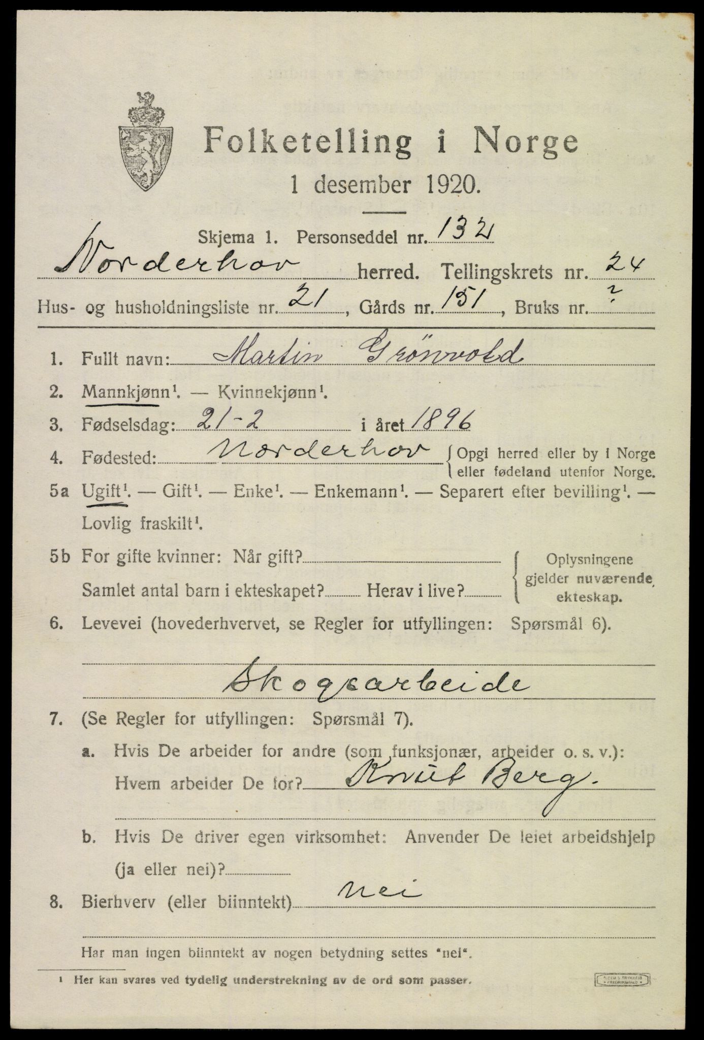 SAKO, 1920 census for Norderhov, 1920, p. 23707