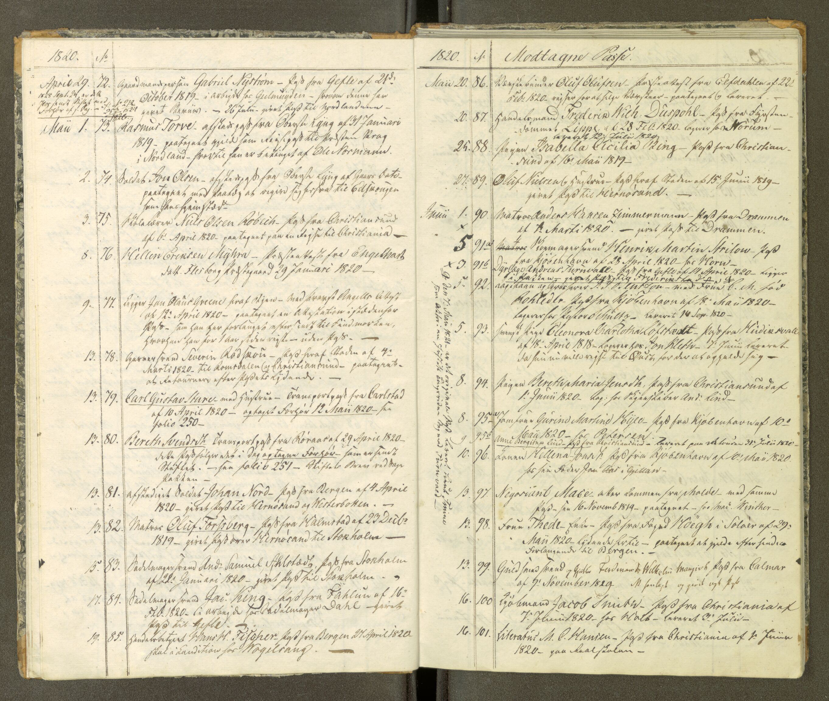 Trondheim politikammer, AV/SAT-A-1887/1/30/L0002: Passprotokoll. Første del:utstedtete pass. Andre del :innleverte/fornyede, 1819-1823