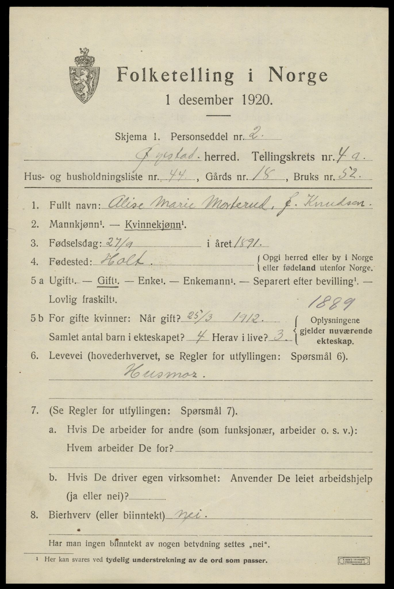 SAK, 1920 census for Øyestad, 1920, p. 3604