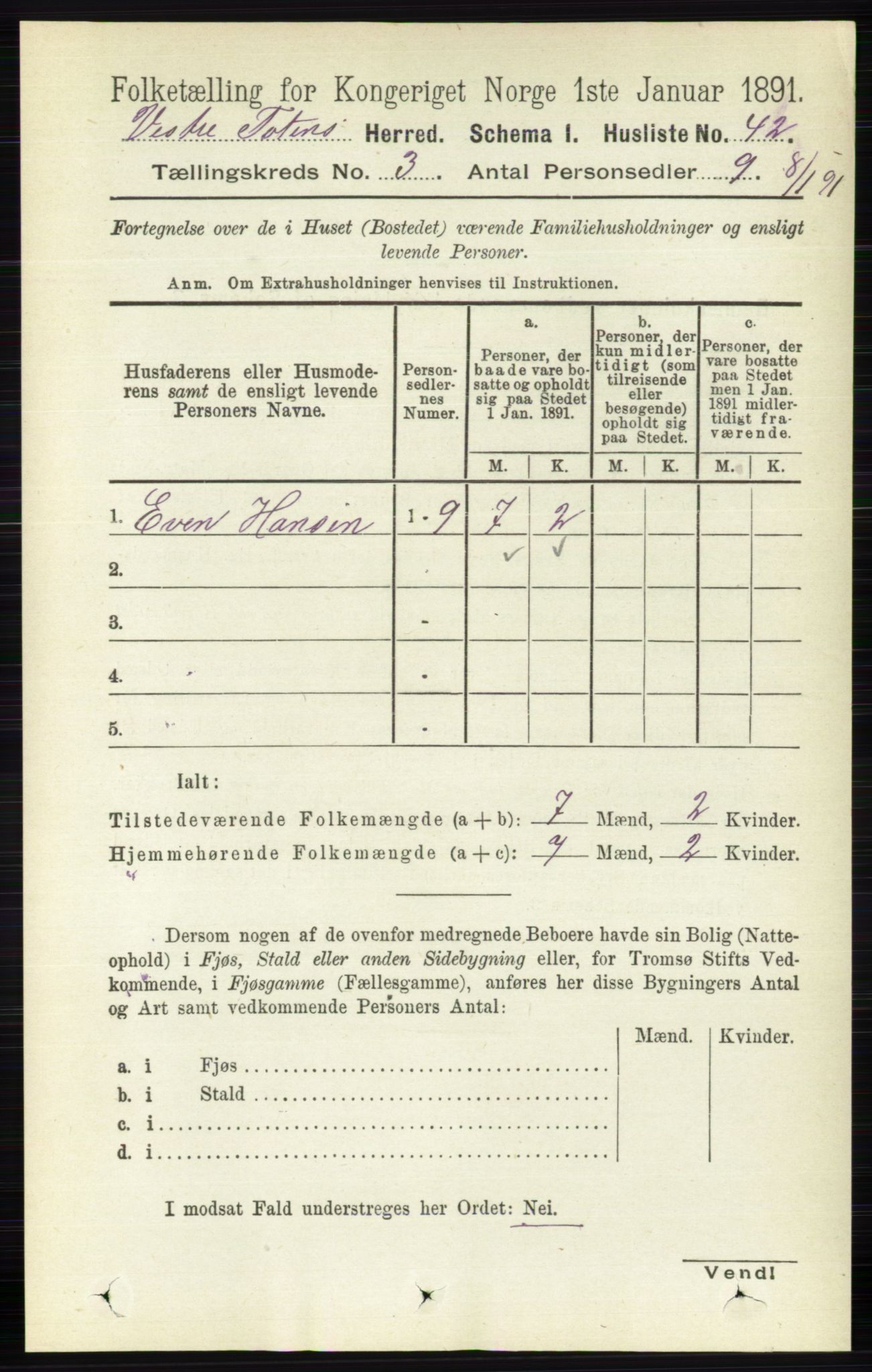 RA, 1891 census for 0529 Vestre Toten, 1891, p. 1906